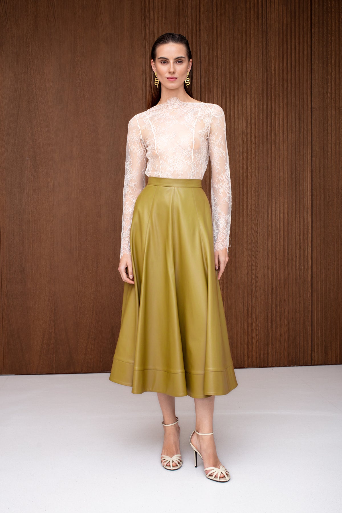AYLA Olive Leather Godet Midi Skirt
