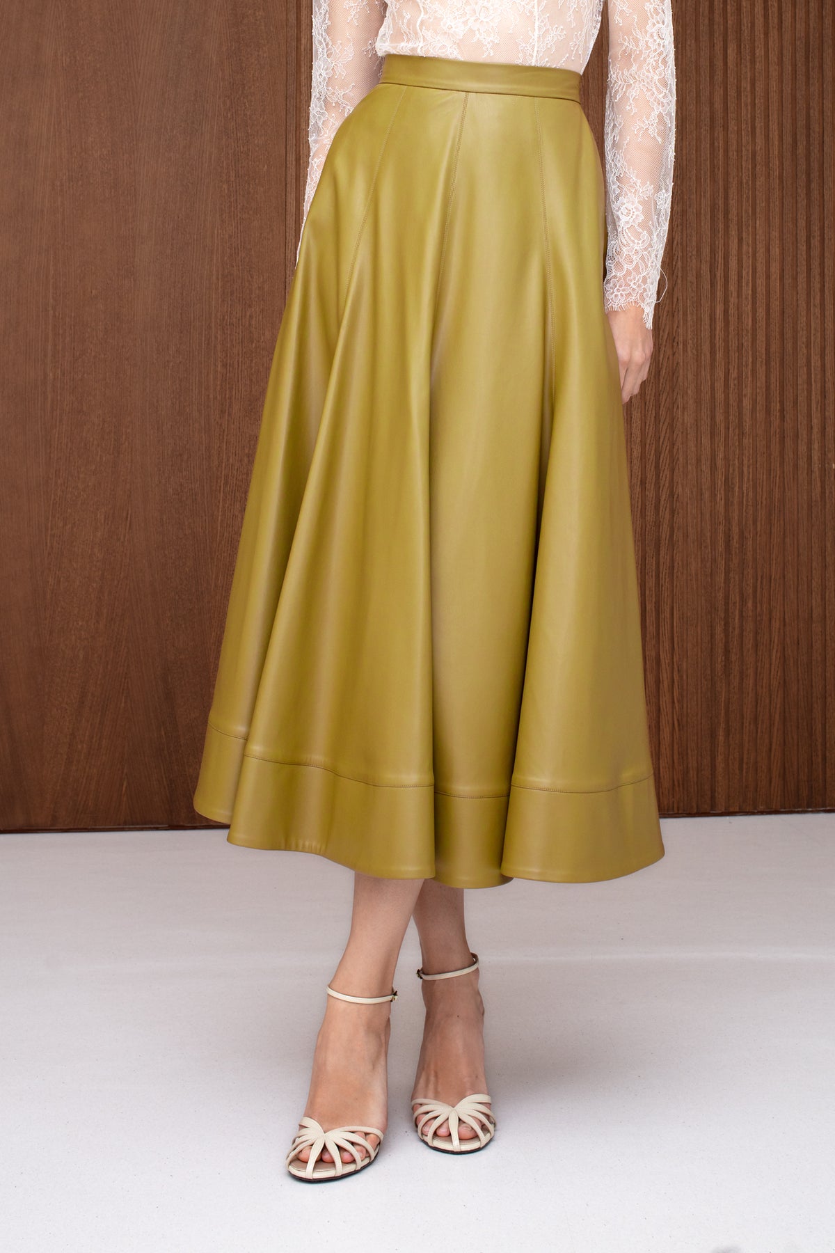AYLA Olive Leather Godet Midi Skirt