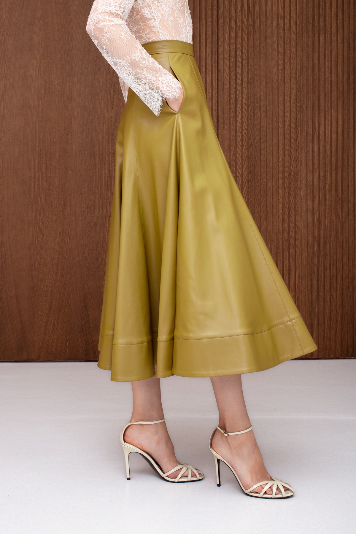 AYLA Olive Leather Godet Midi Skirt
