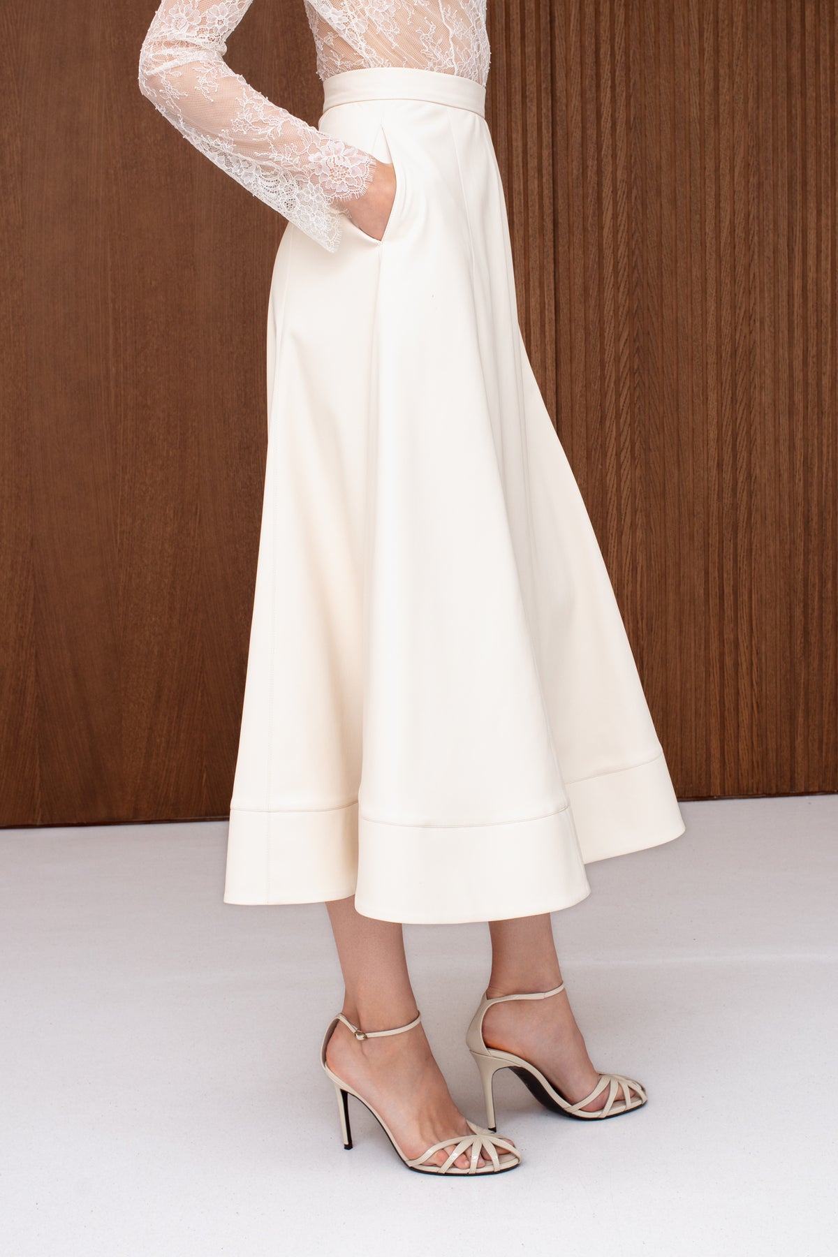AYLA Cream Leather Godet Midi Skirt