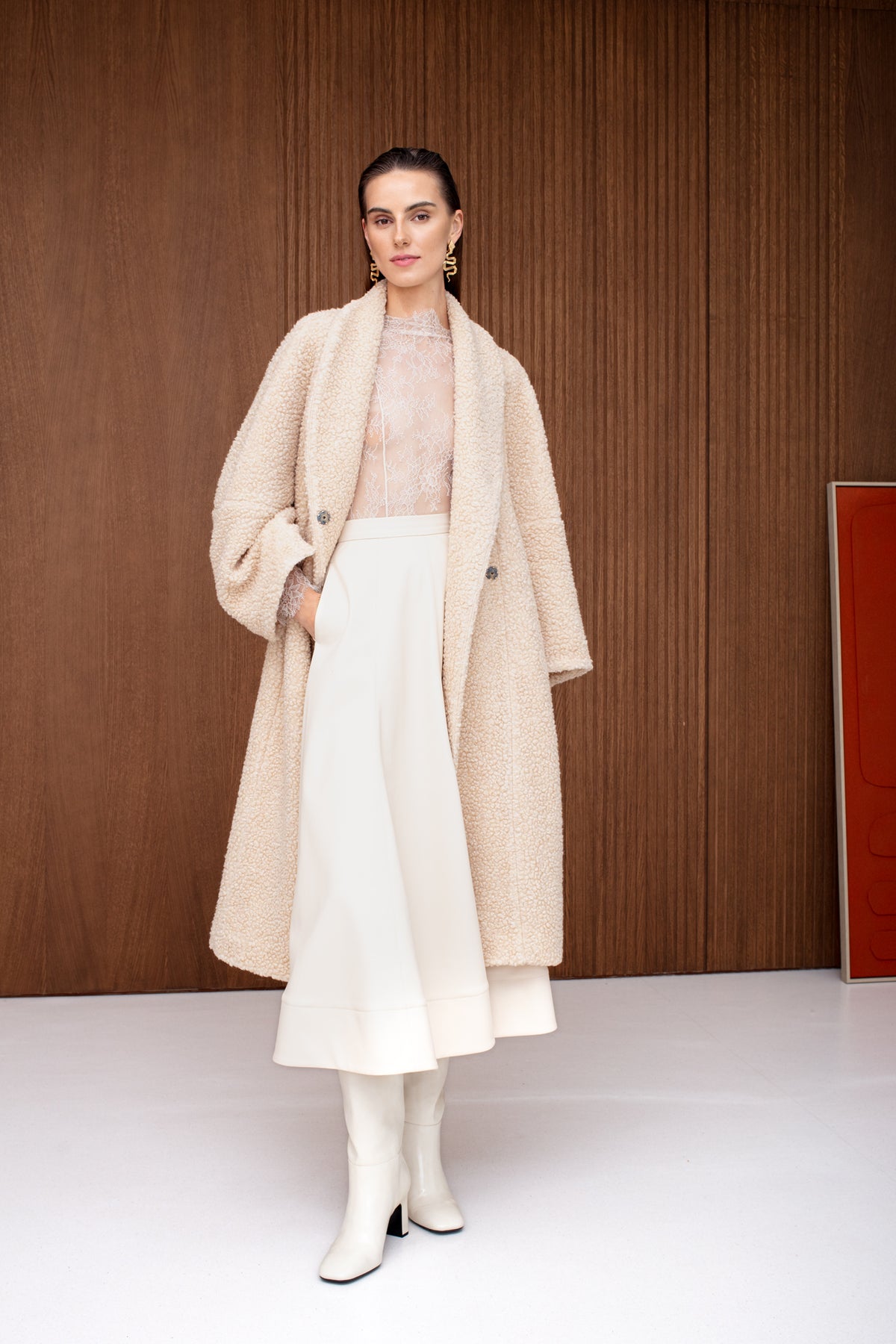 AYLA Cream Leather Godet Midi Skirt