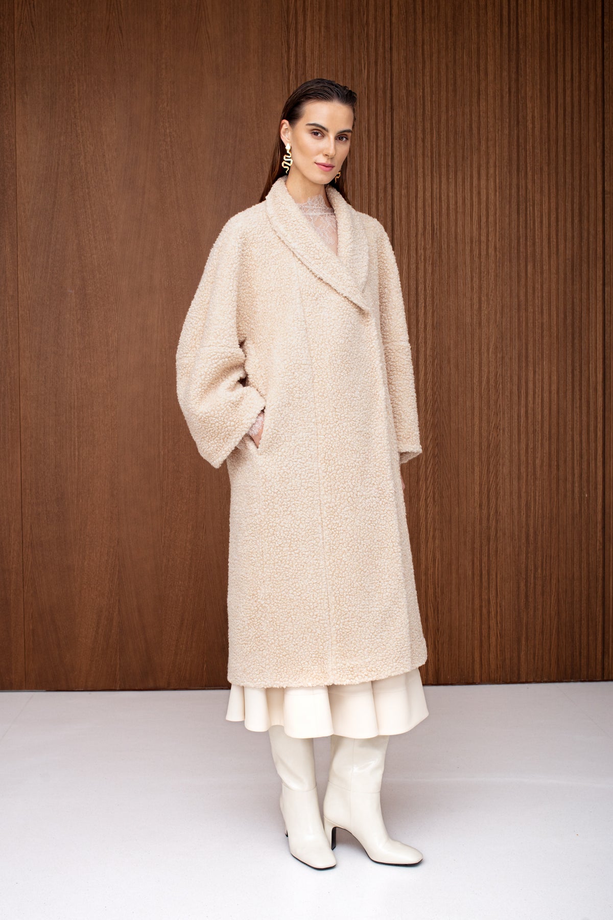 LORI Cream Belted Wool Teddy Midi Length Coat
