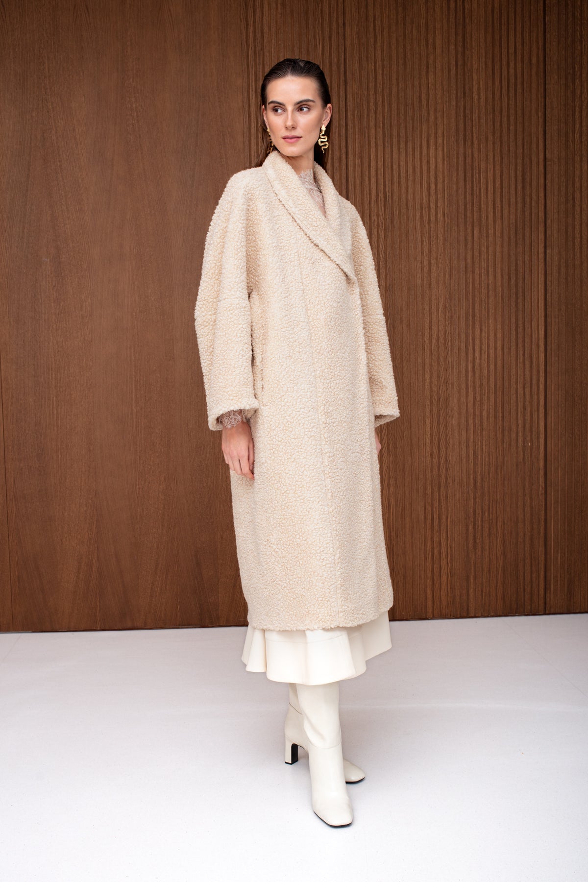 LORI Cream Belted Wool Teddy Midi Length Coat