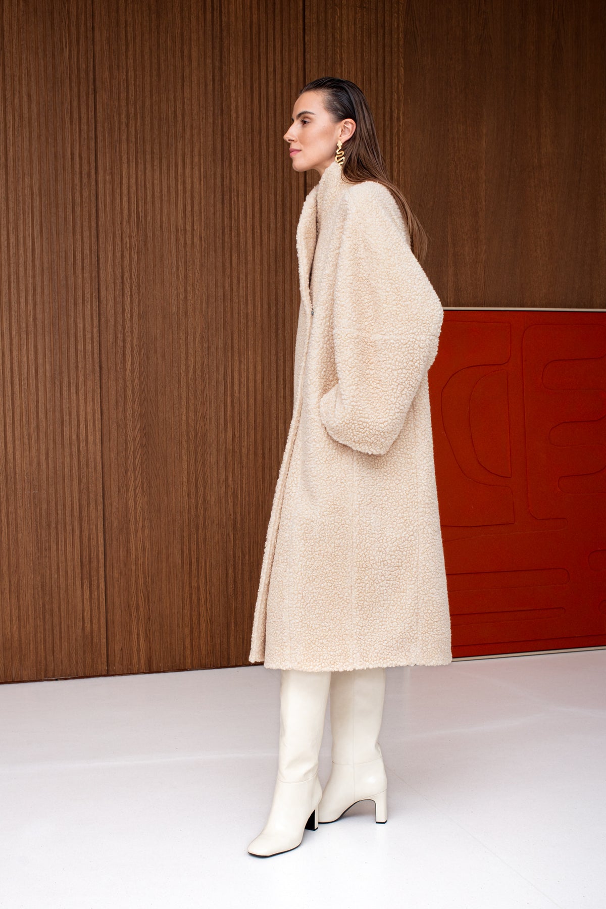 LORI Cream Belted Wool Teddy Midi Length Coat