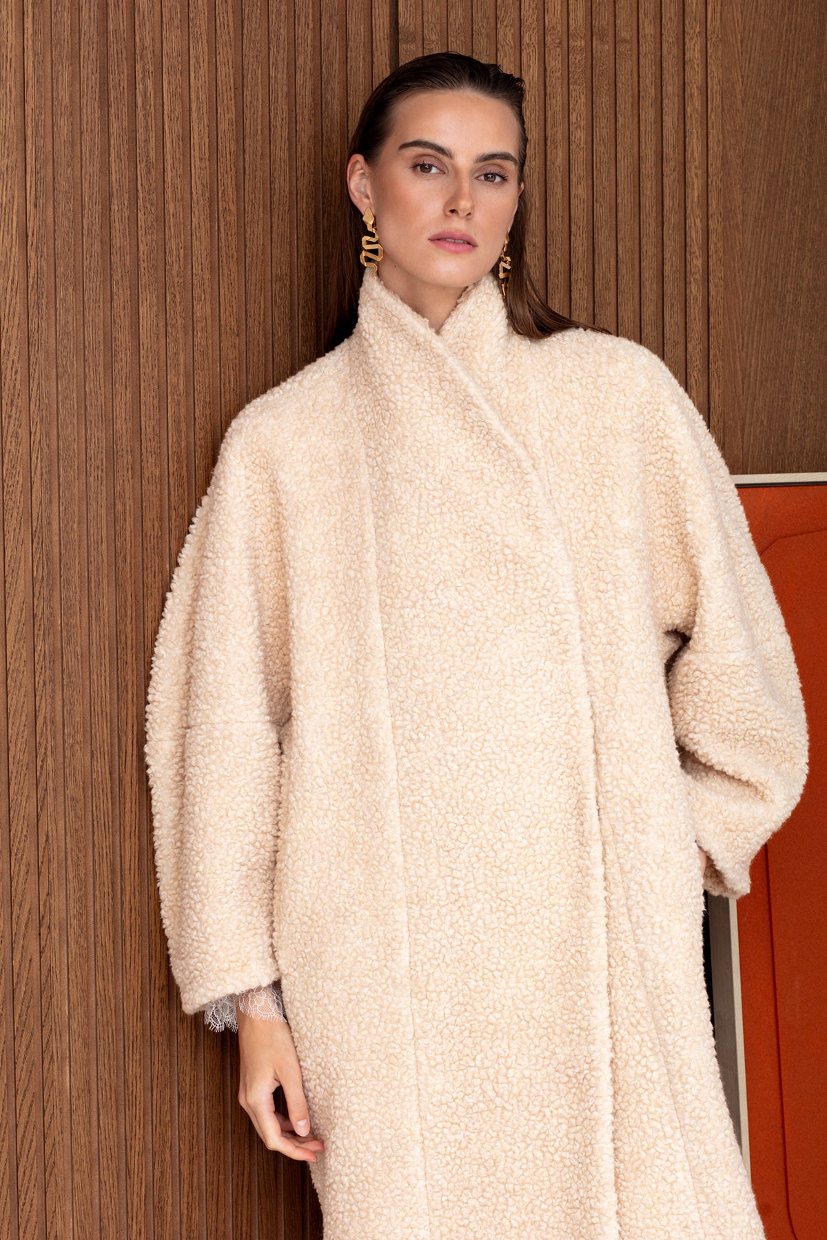 LORI Cream Belted Wool Teddy Midi Length Coat