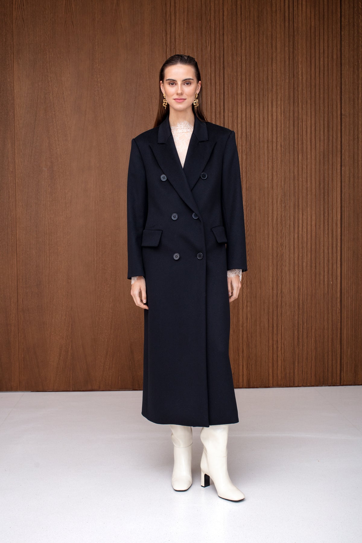 ADELA Black Classic Double Breasted Cashmere Coat