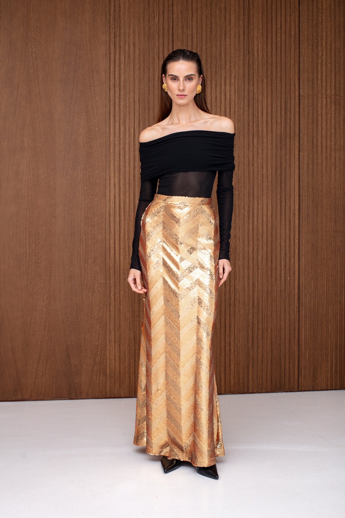 ISABELA Gold Sequin Evening Maxi Skirt