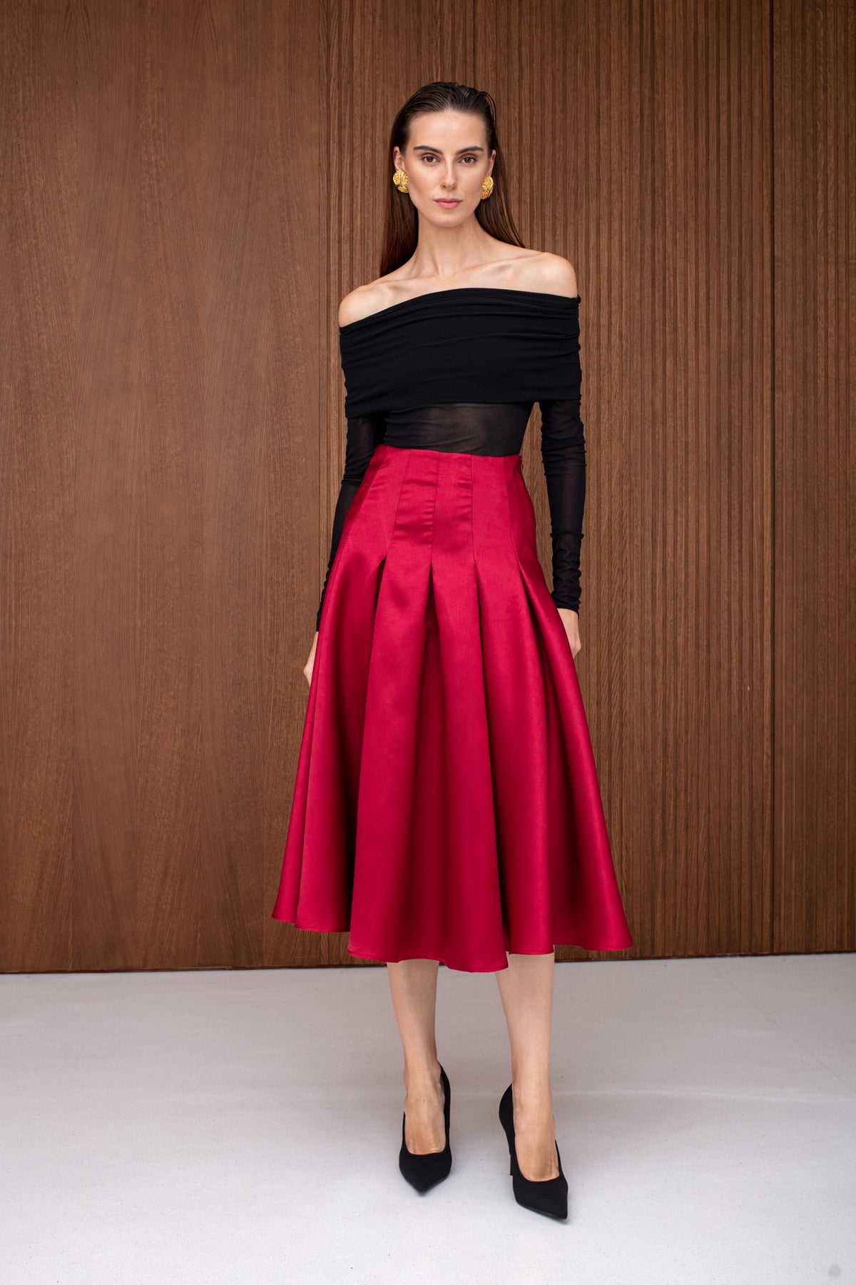 ROMY Red Structured Midi Skirt with Pleated A-Line Silhouette