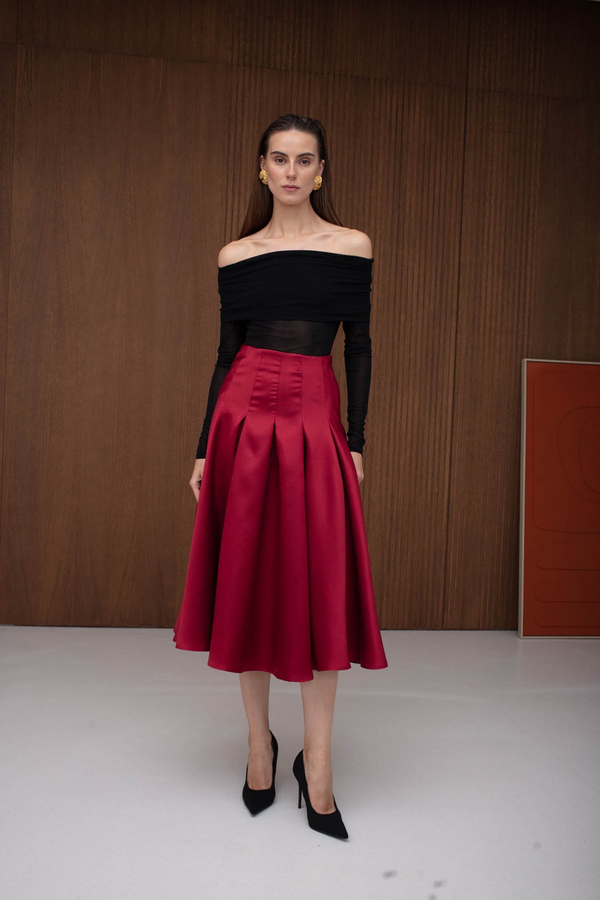 ROMY Red Structured Midi Skirt with Pleated A-Line Silhouette