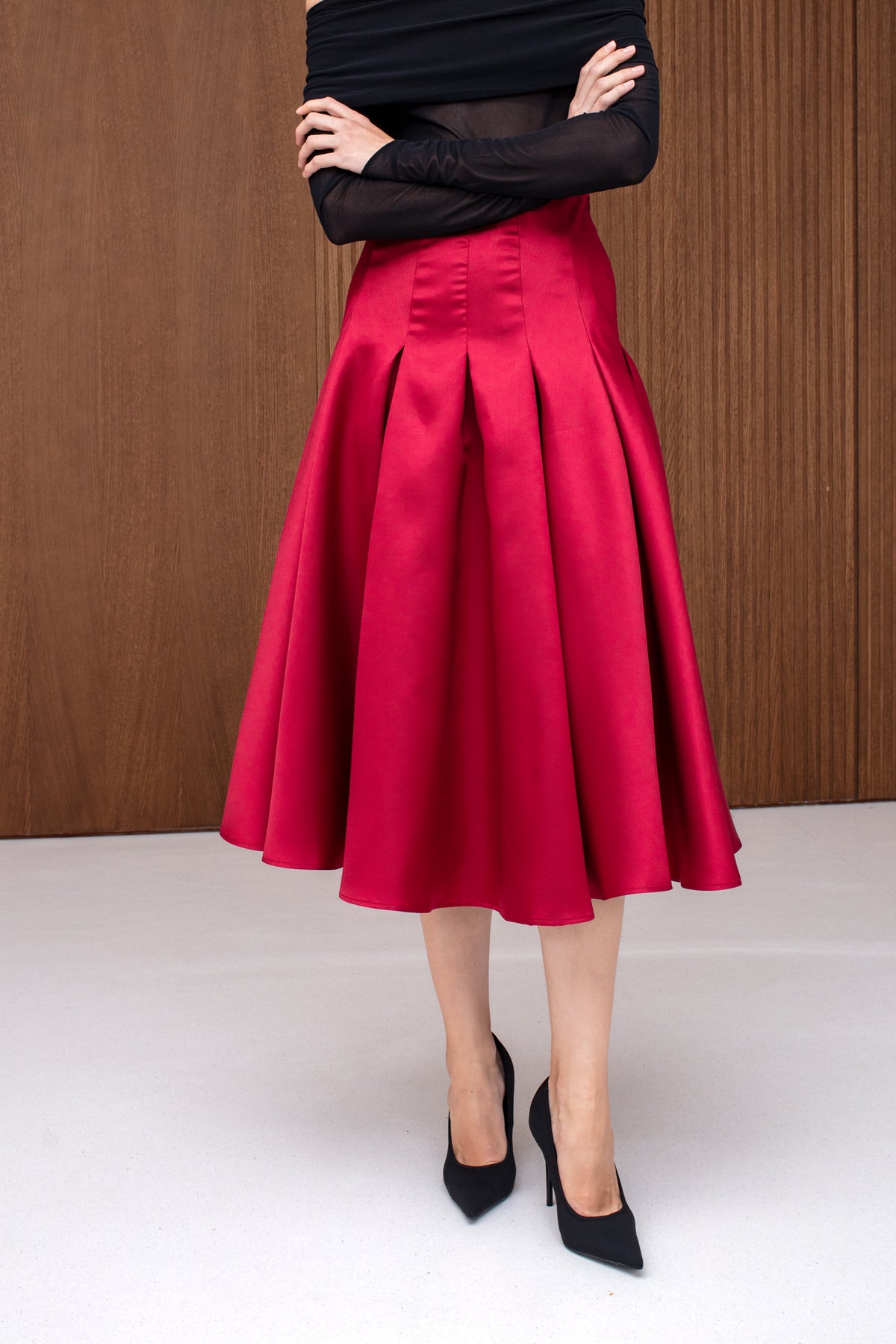 ROMY Red Structured Midi Skirt with Pleated A-Line Silhouette
