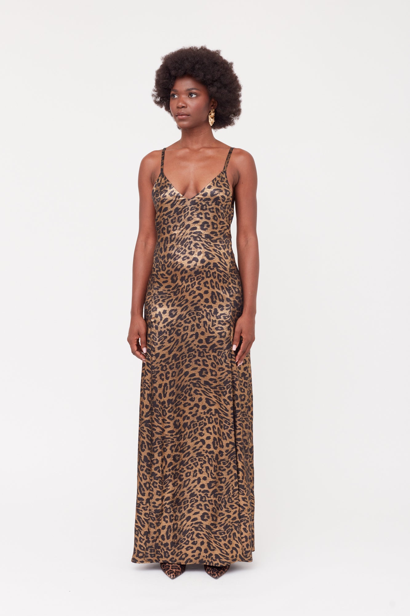 INES Leopard Metallic Fabric Long Open Back Dress