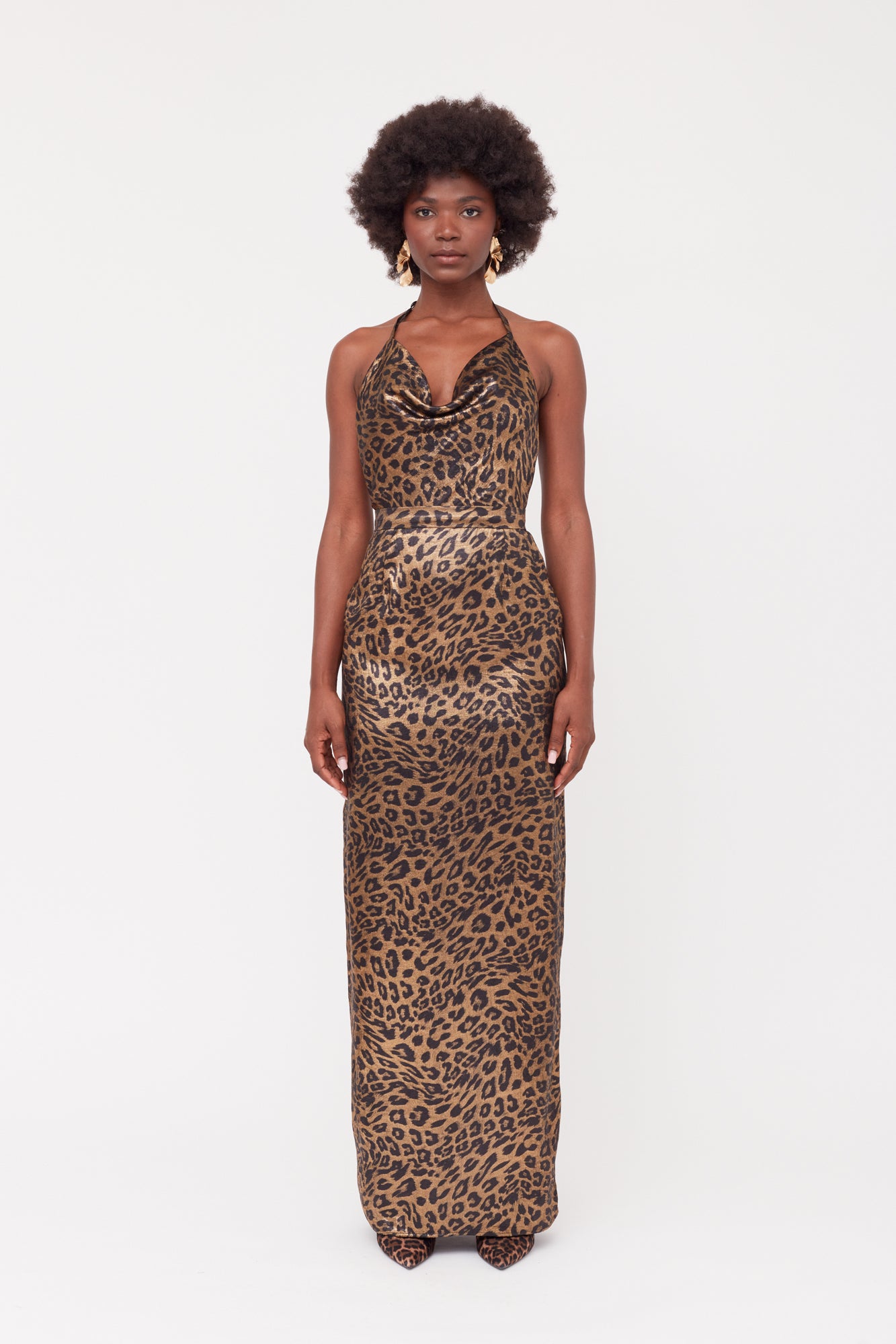 KALEA Animal Leopard Print Maxi Cowl Neck Dress