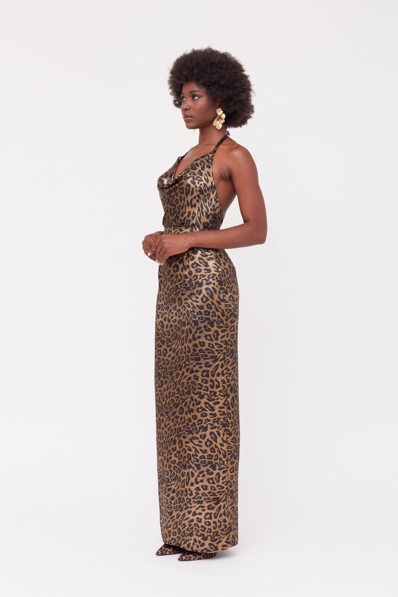 KALEA Animal Leopard Print Maxi Cowl Neck Dress