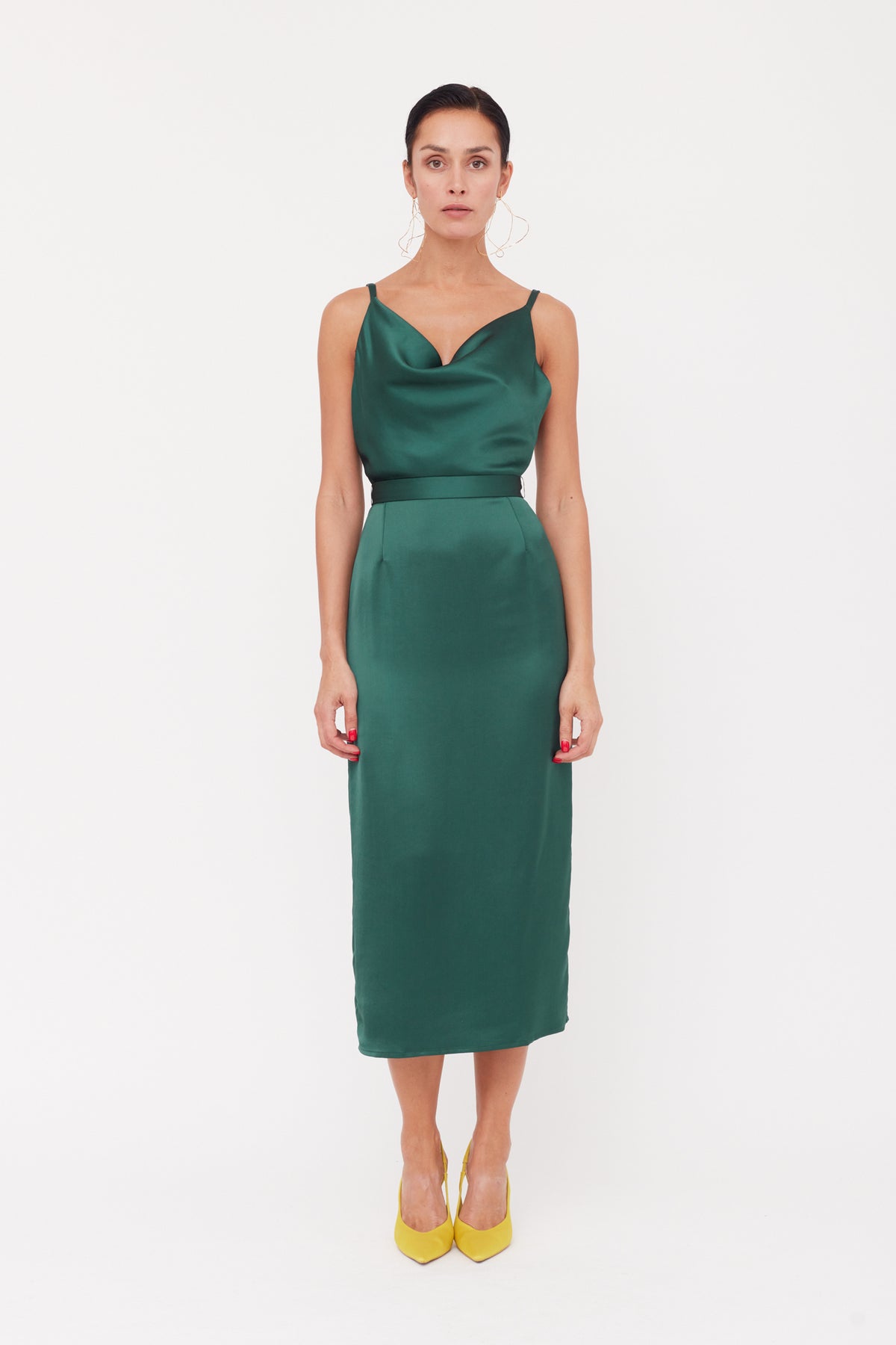 Dark Green Satin Midi Evening Dress KAMEA