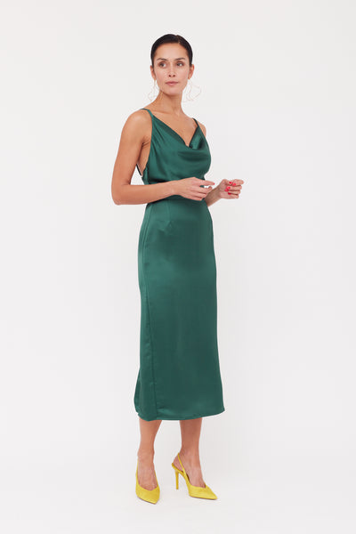 KAMEA Red Satin Cocktail Midi Dress