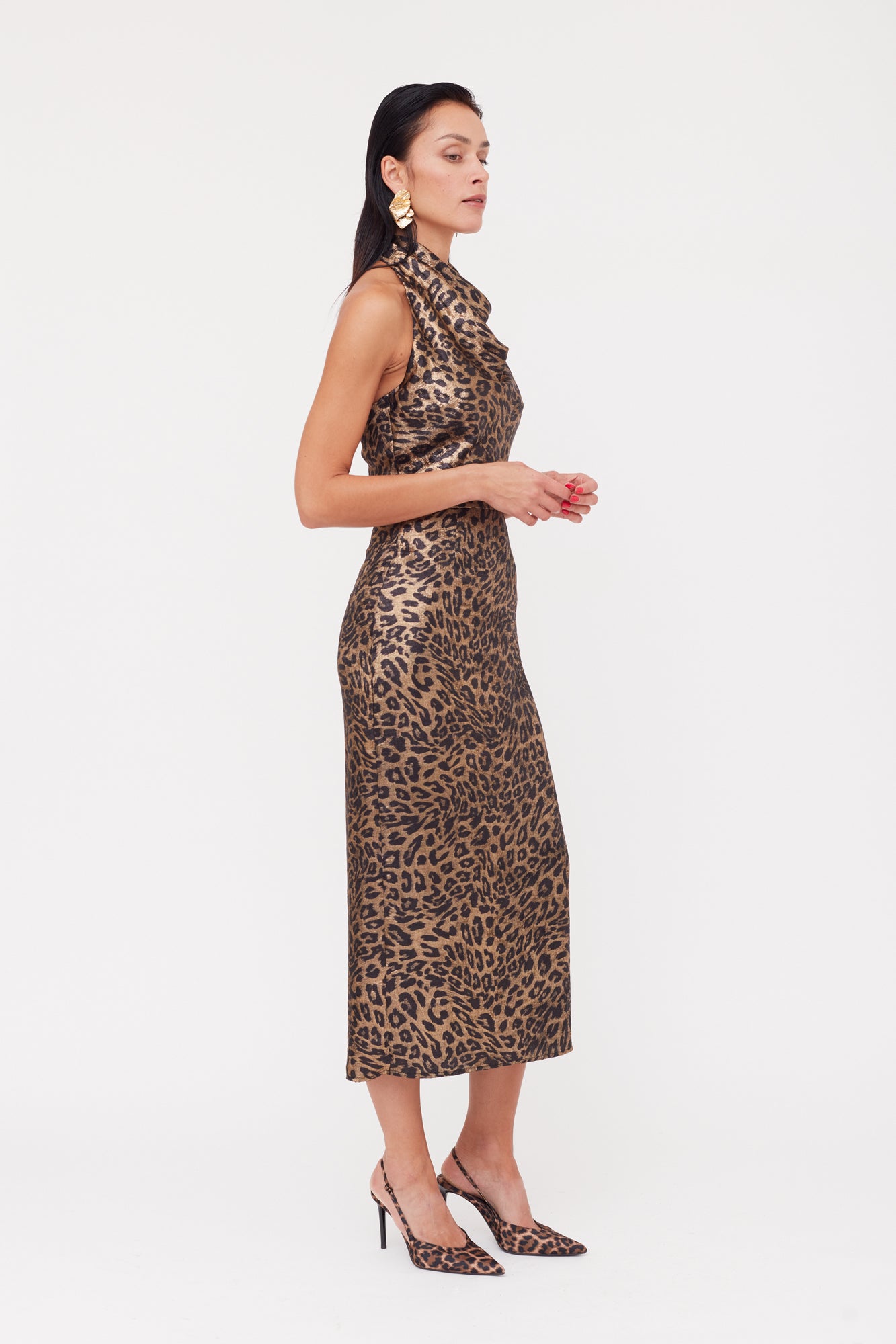 LARA Metallic Animal Print Midi Cowl Neck Dress