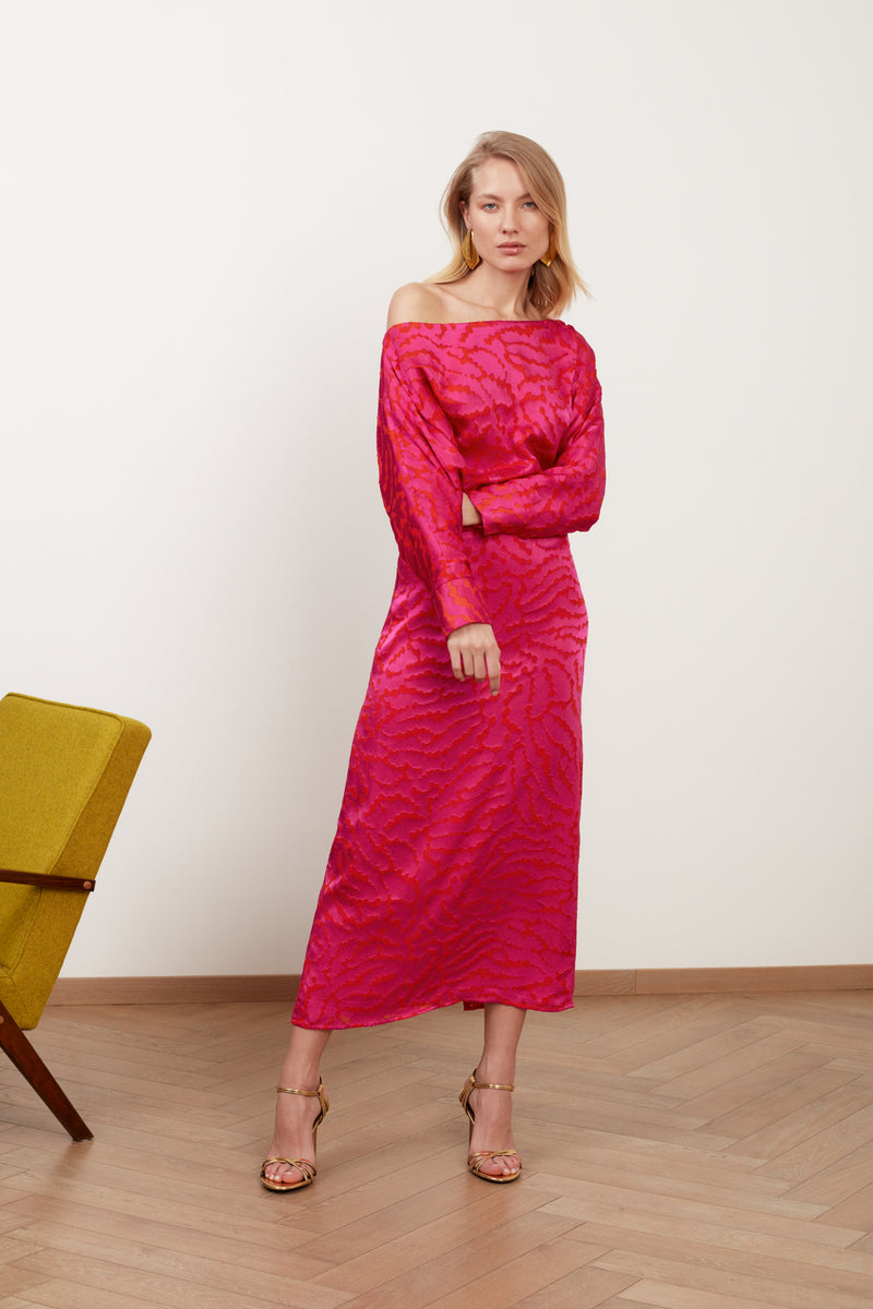 LIBRA red fuchsia print off-the-shoulder midi dress