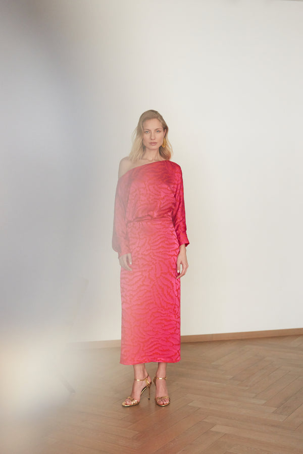 LIBRA red fuchsia print off-the-shoulder midi dress