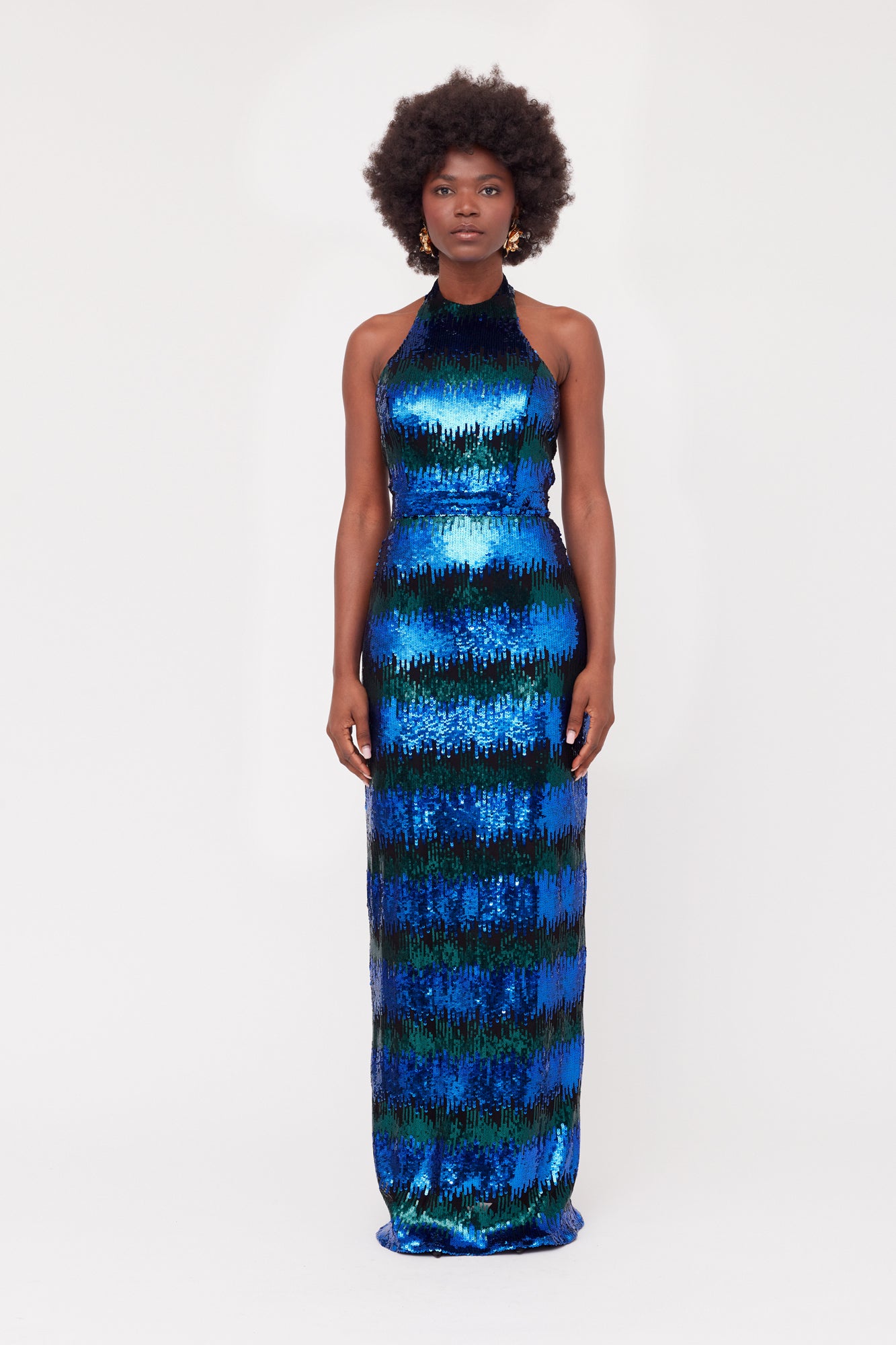 LILIAN Blue & Green Sequin Maxi Evening Dress With Halter Neck