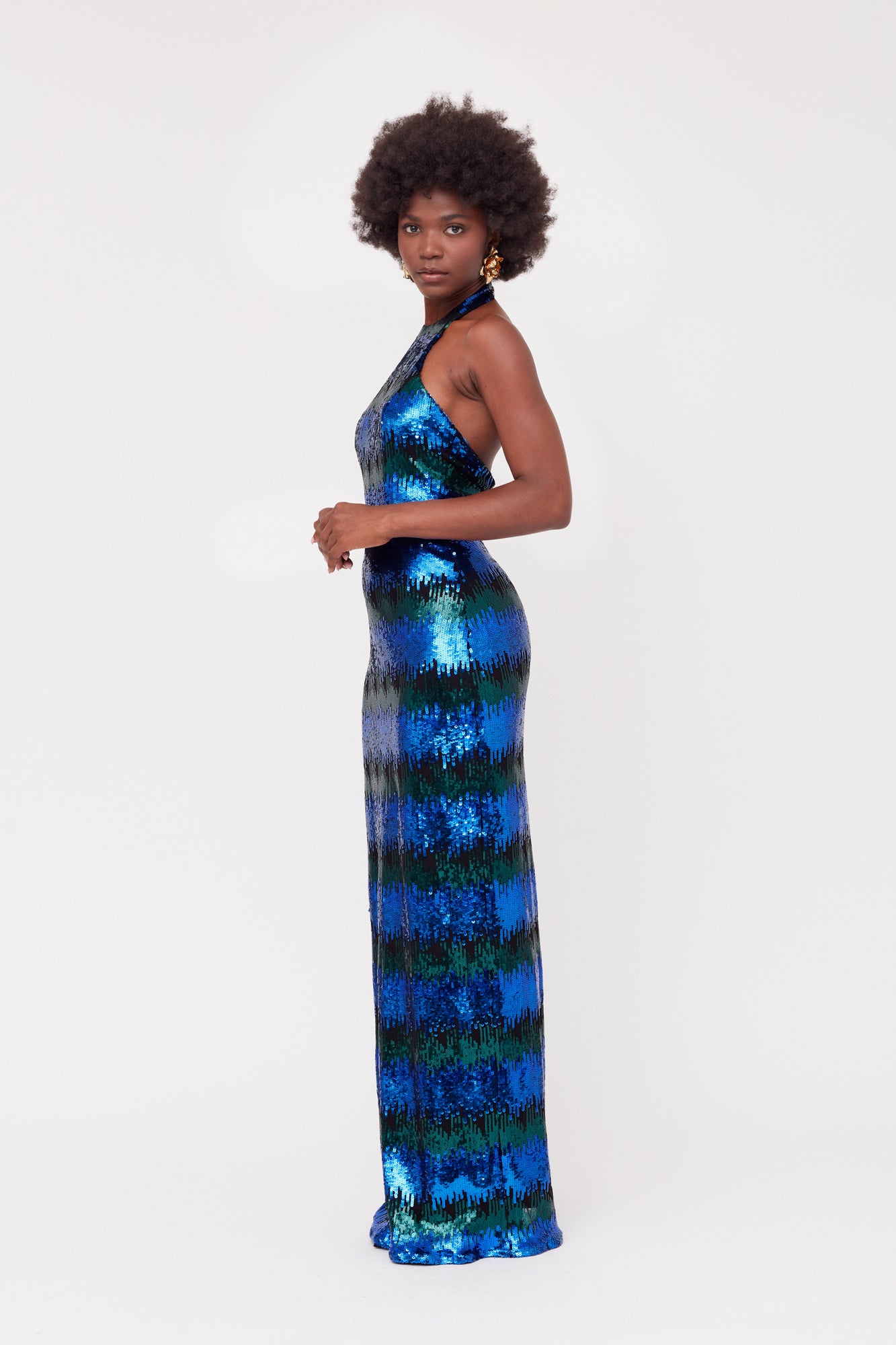 LILIAN Blue & Green Sequin Maxi Evening Dress With Halter Neck