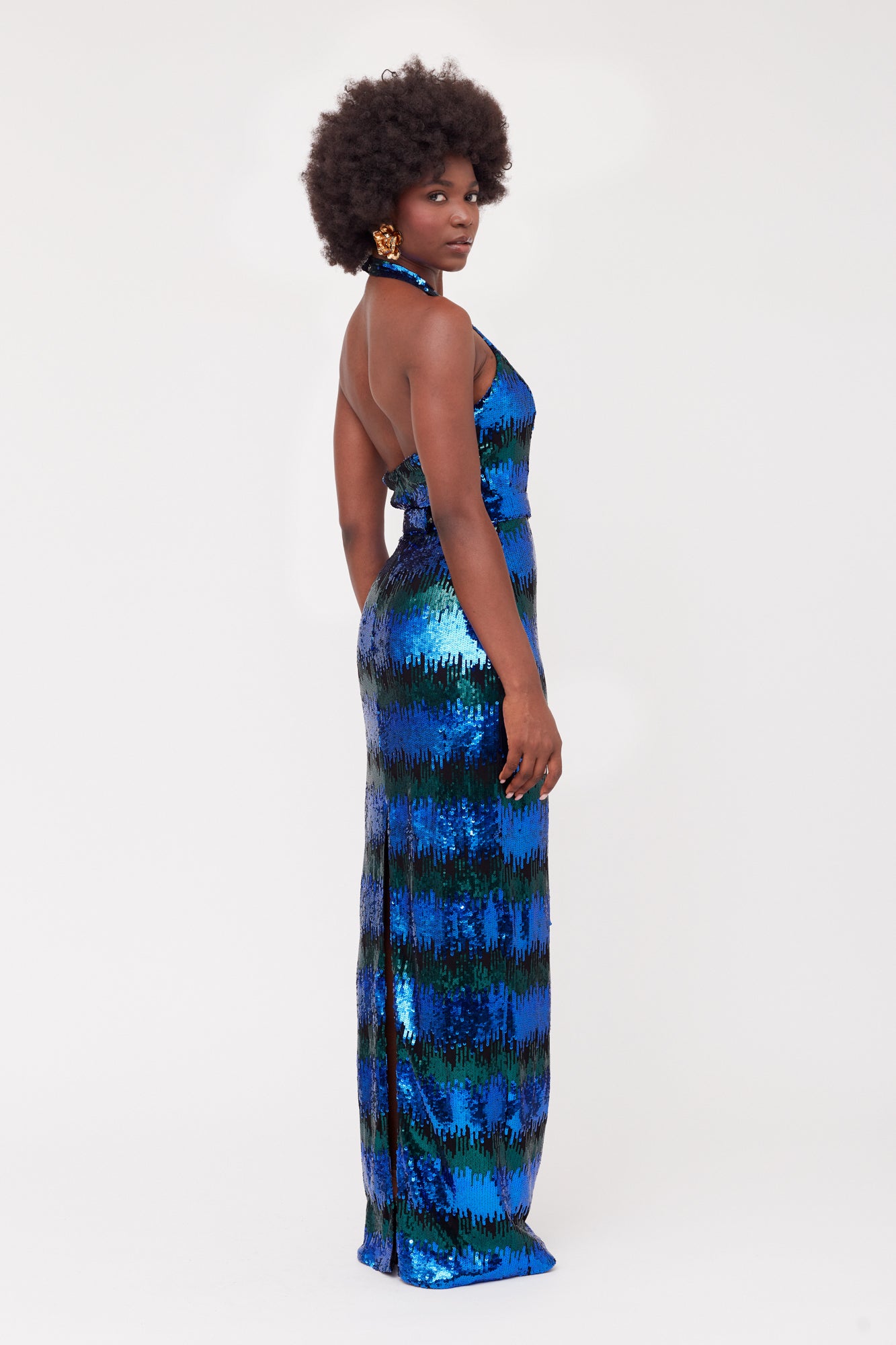 LILIAN Blue & Green Sequin Maxi Evening Dress With Halter Neck