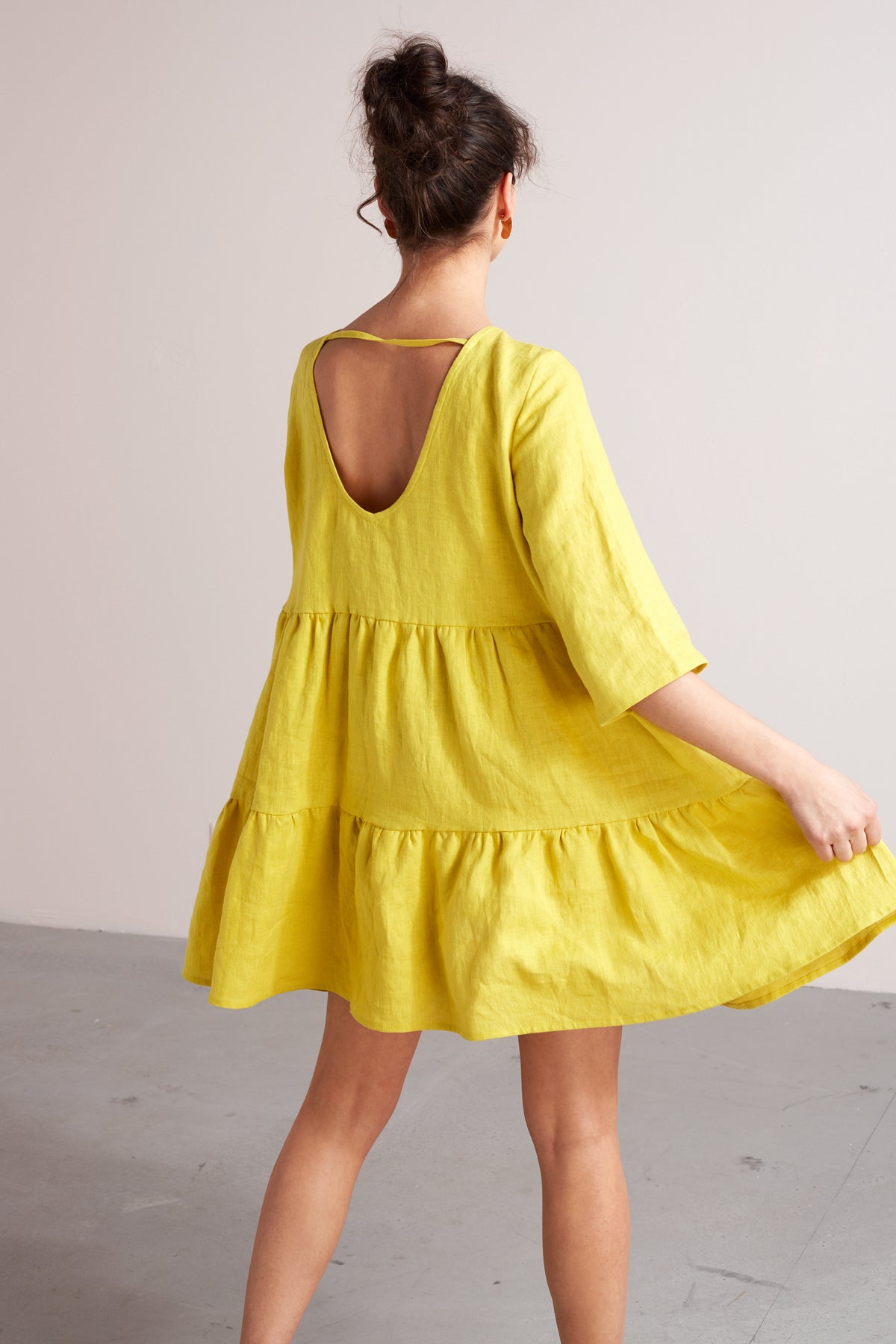 LOLITA linen baby doll mini dress in lemon yellow