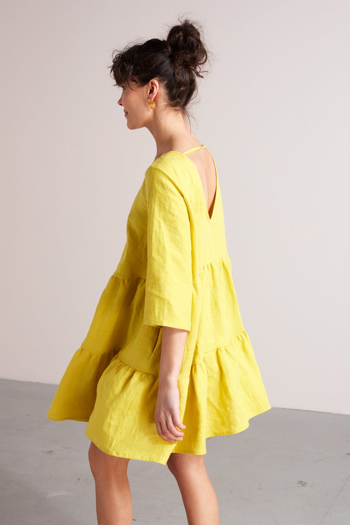 LOLITA linen baby doll mini dress in lemon yellow