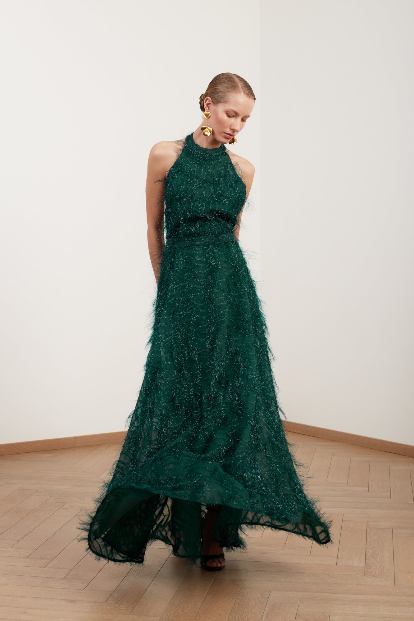 MAISSA green feather long evening gown with open back