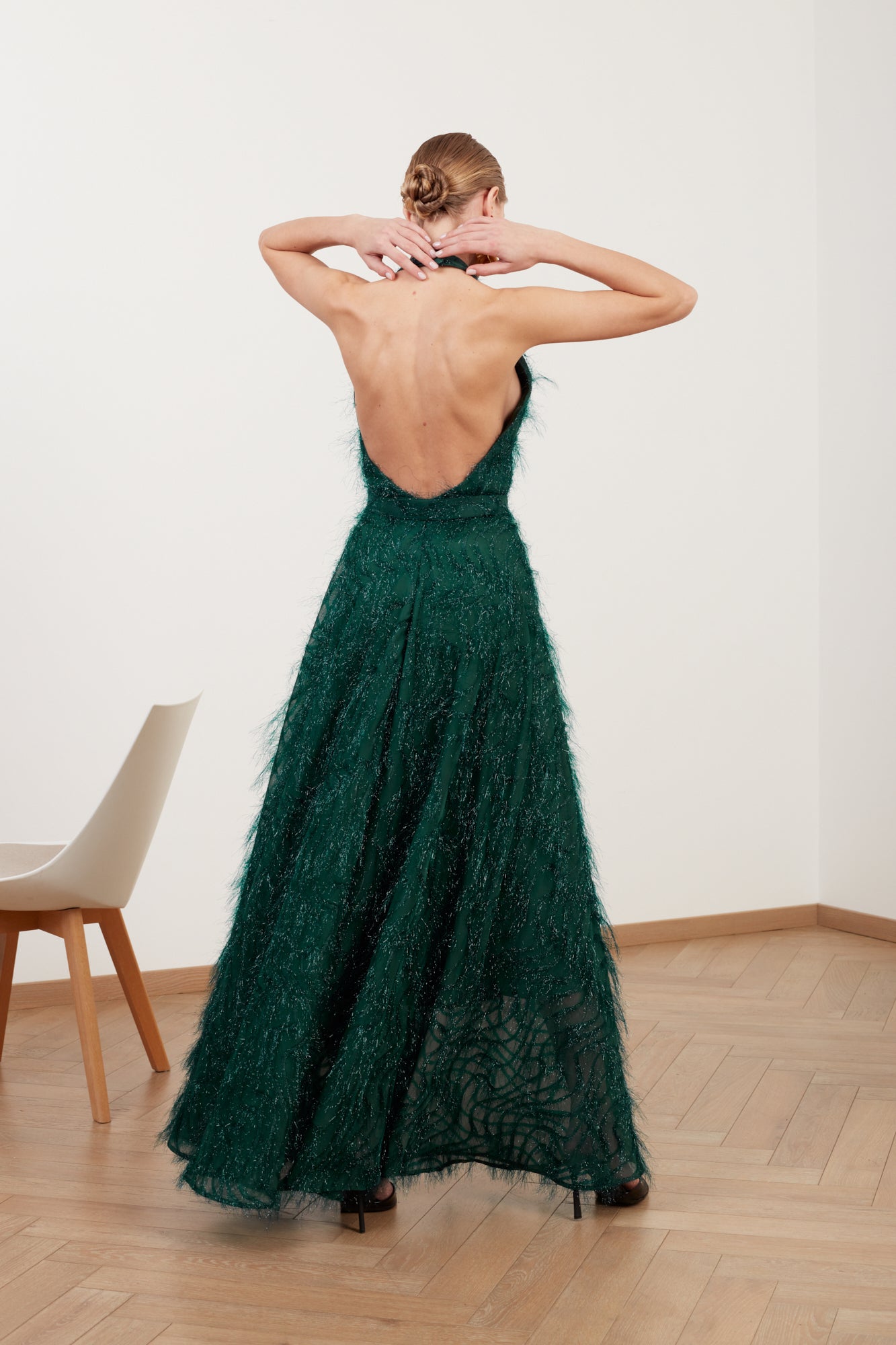 MAISSA green feather long evening gown with open back