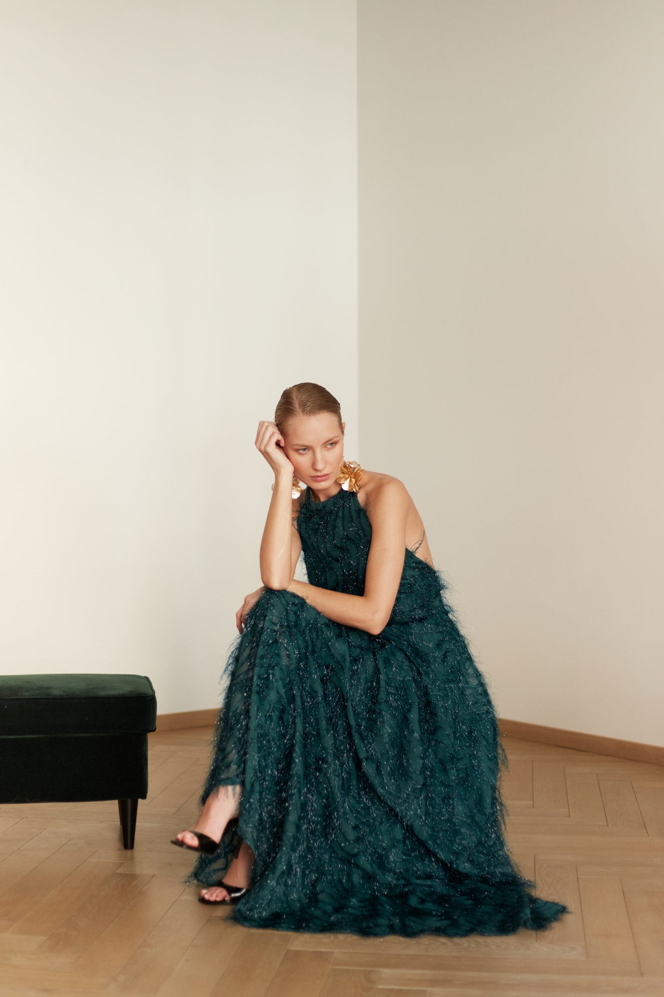 Green Feather Maxi Dress with Halter Neck MAISSA | UNDRESS Green Feather Maxi Dress with Halter Neck MAISSA | UNDRESS