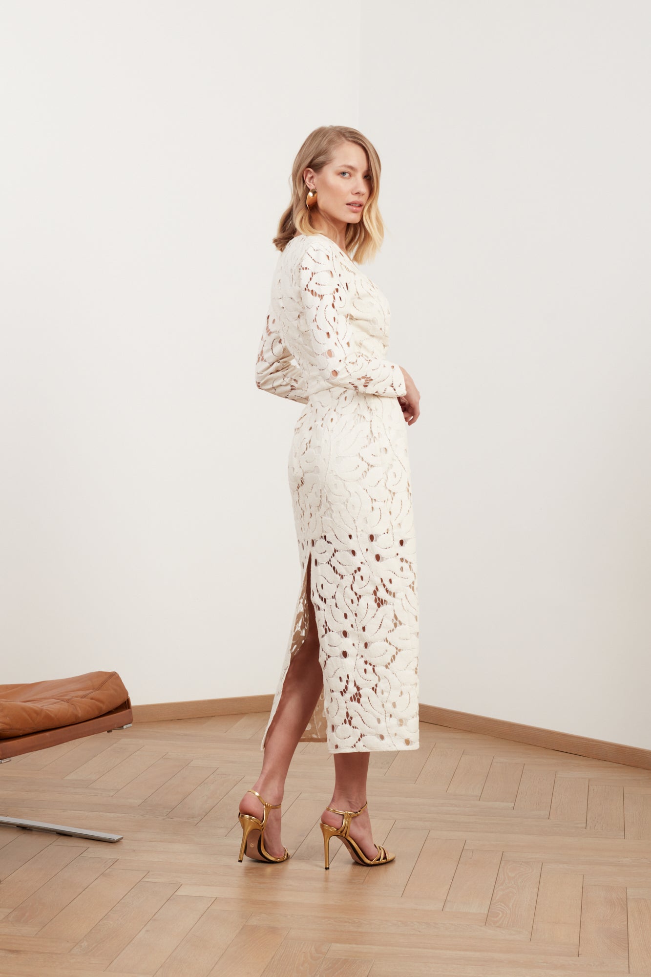 MEERA white lace fabric V neck midi wedding dress