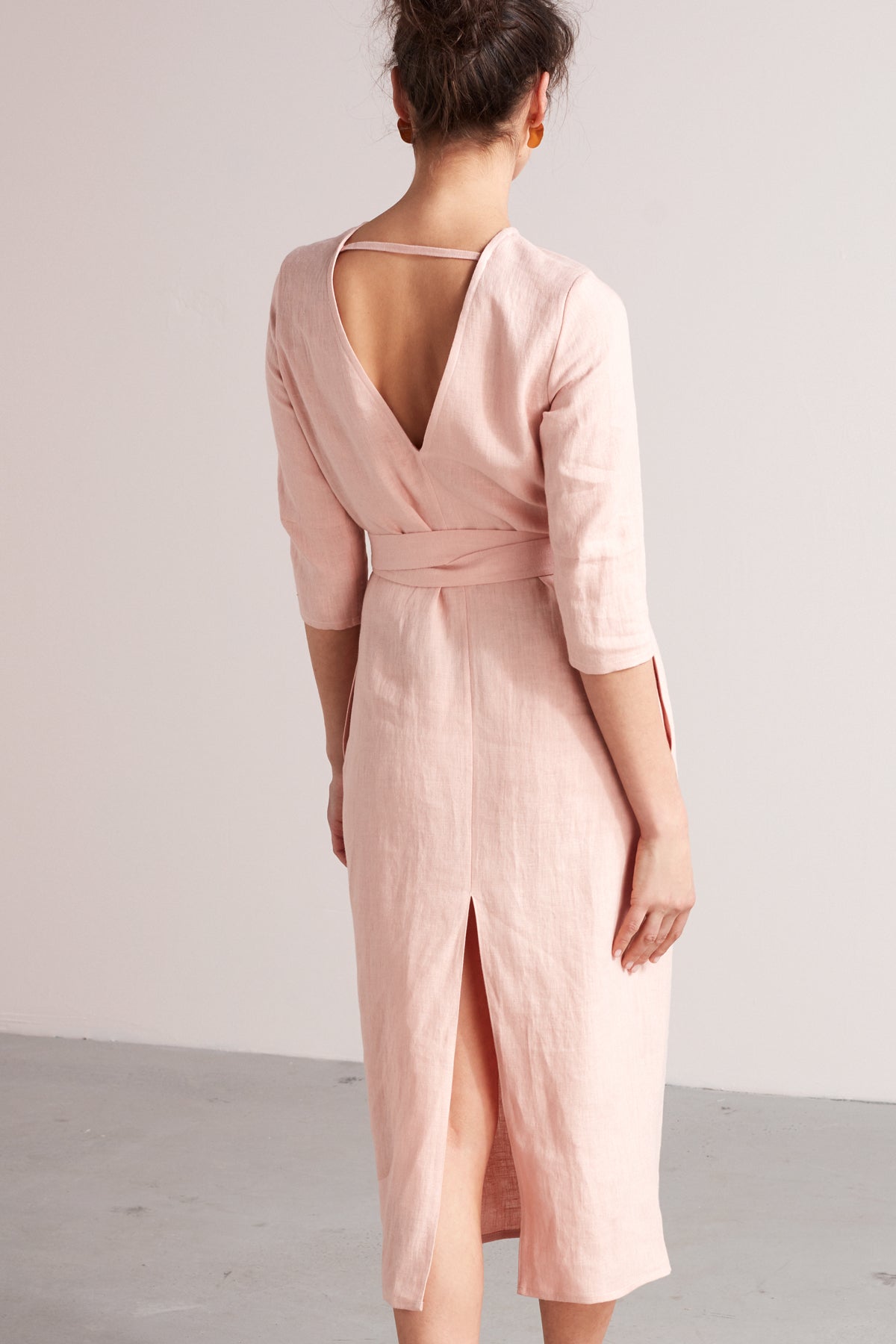 MILENA belted midi linen dress in dusty pink