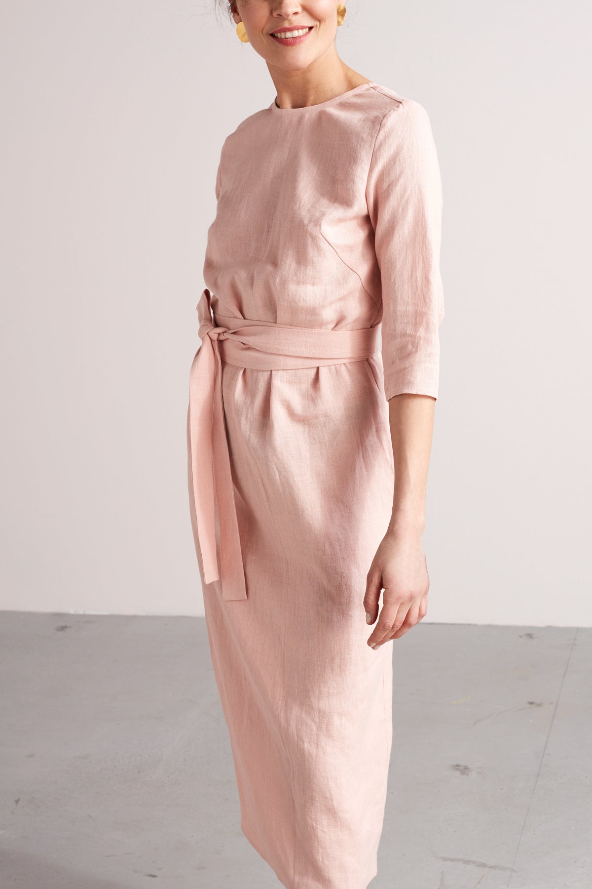 MILENA belted midi linen dress in dusty pink