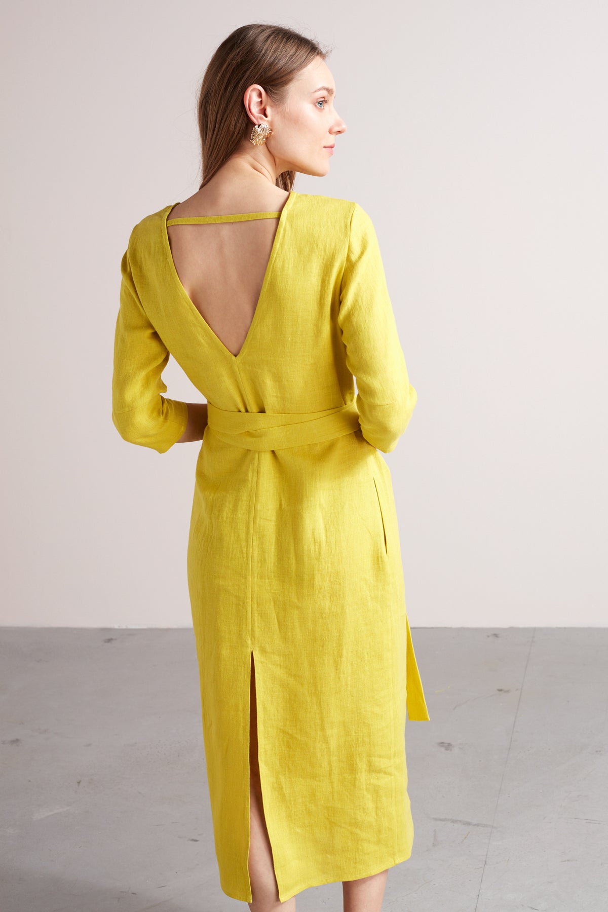 MILENA belted midi linen dress in lemon yellow