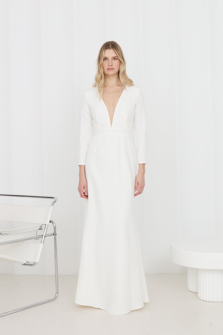 MIRANDA White Maxi Wedding Gown with Long Sleeves and a Deep Neckline