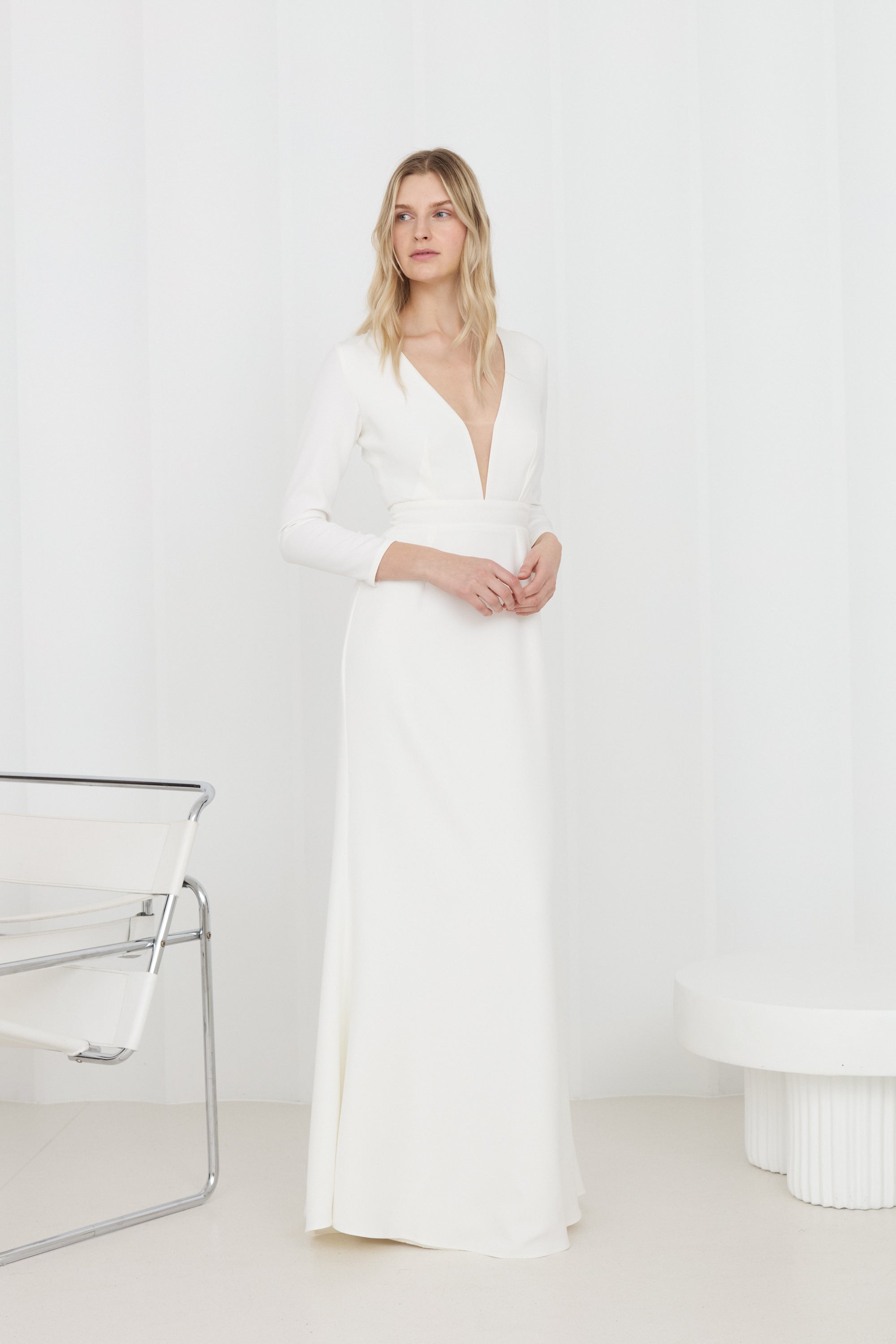 MIRANDA White Maxi Wedding Gown with Long Sleeves and a Deep Neckline