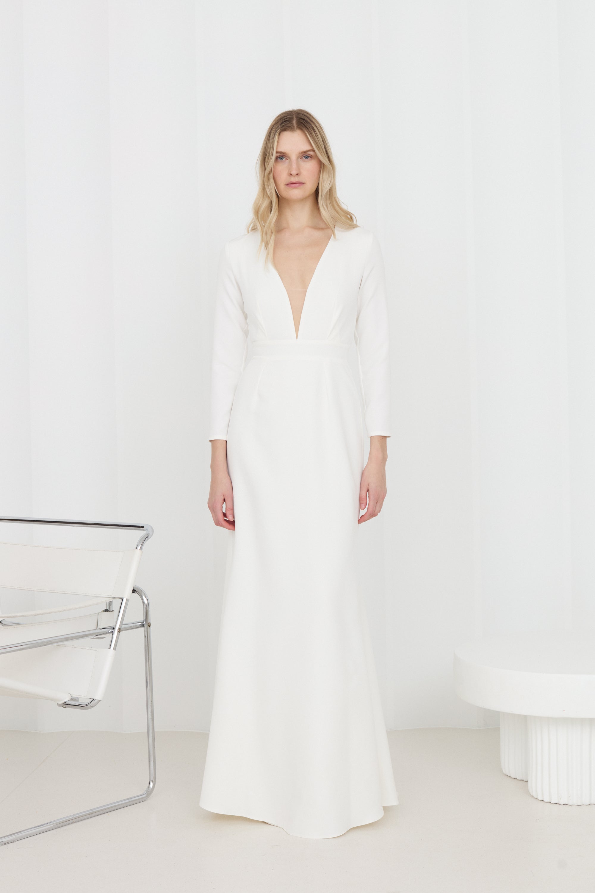 MIRANDA White Maxi Wedding Gown with Long Sleeves and a Deep Neckline