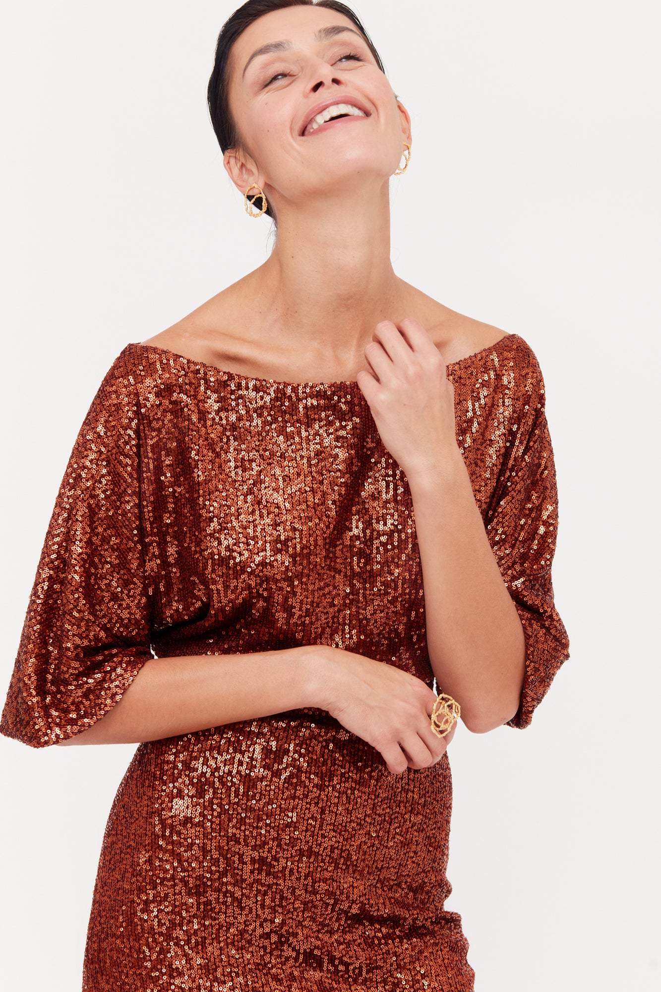 MIRTA Bronze Sequin Cocktail Midi Dress With Widening Sleeves