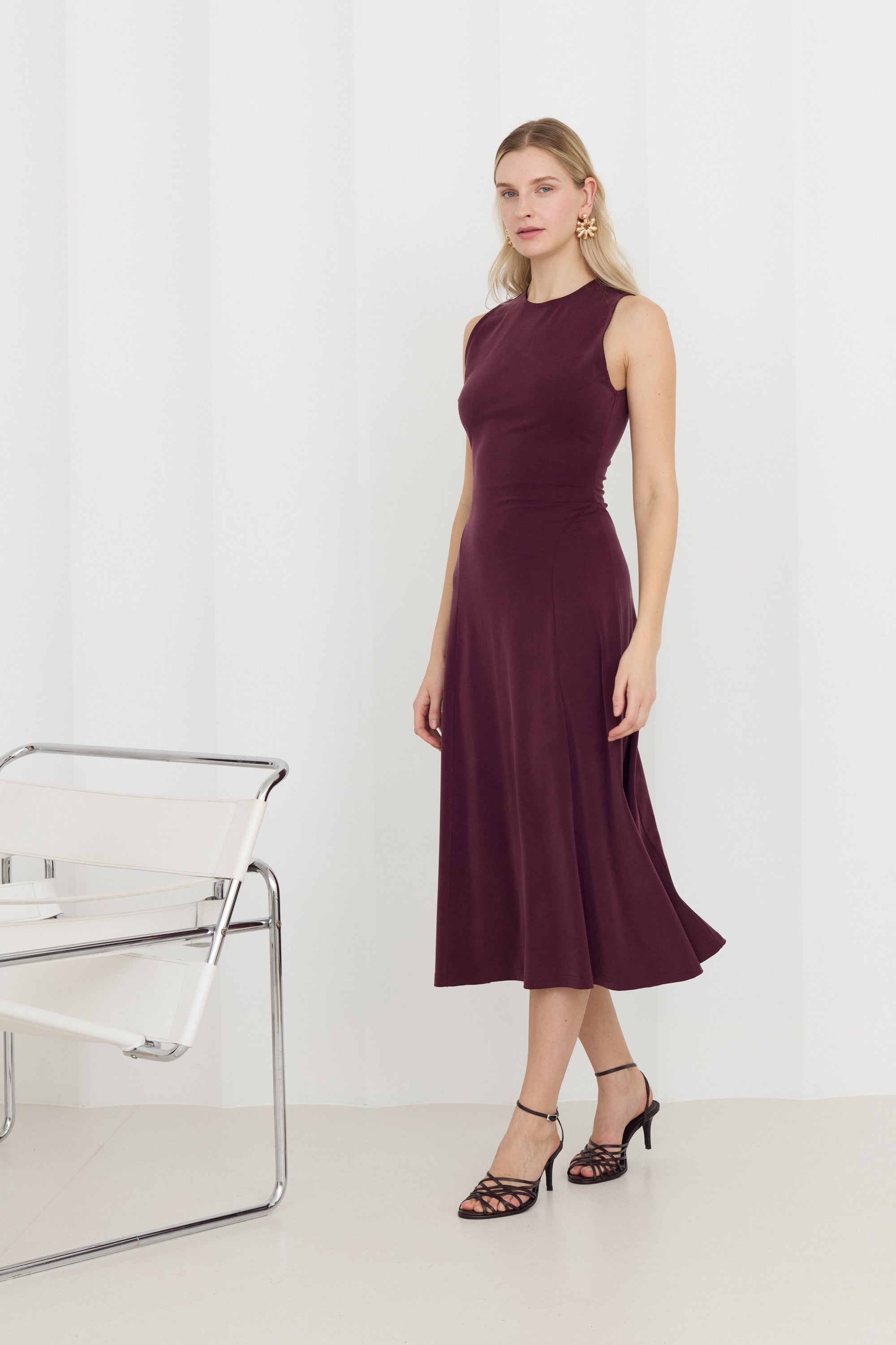 purple knit midi dress Vintage Purple Ribbed Knit One Sleeve Fitted Midi Dress