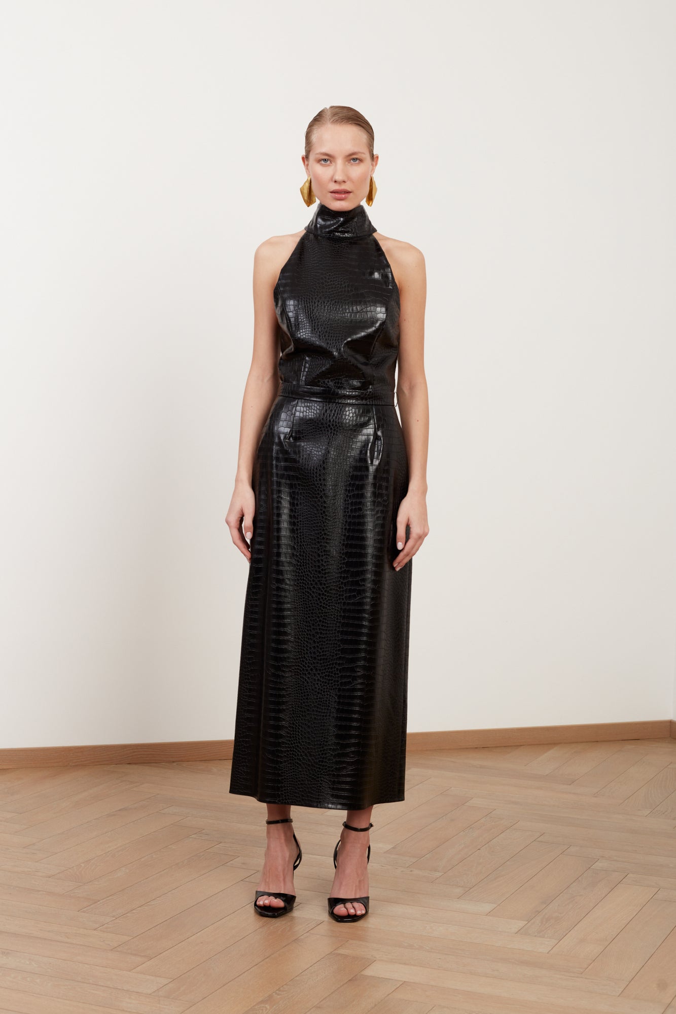 SENSA black textured vegan leather midi dress with turtleneck