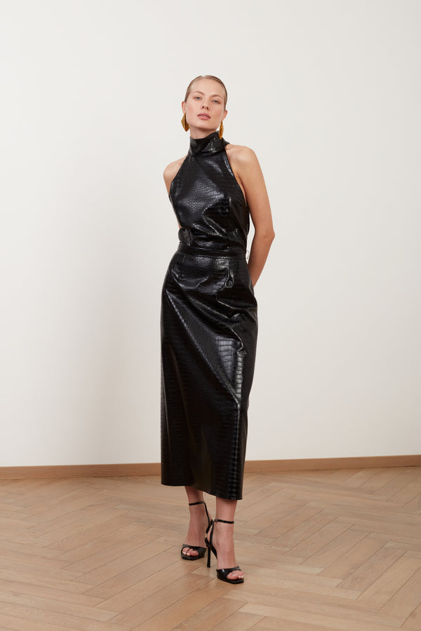 SENSA black textured vegan leather midi dress with turtleneck