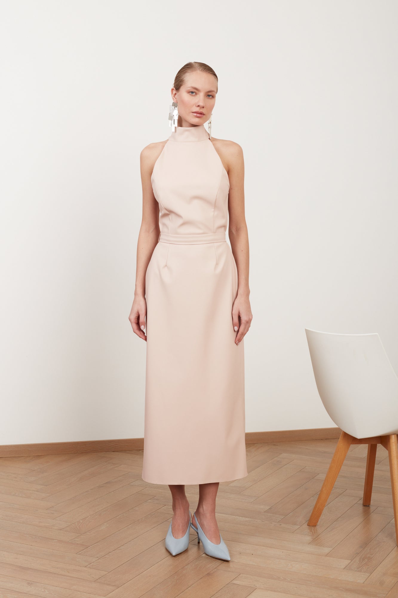 SENSA light pink faux leather midi dress