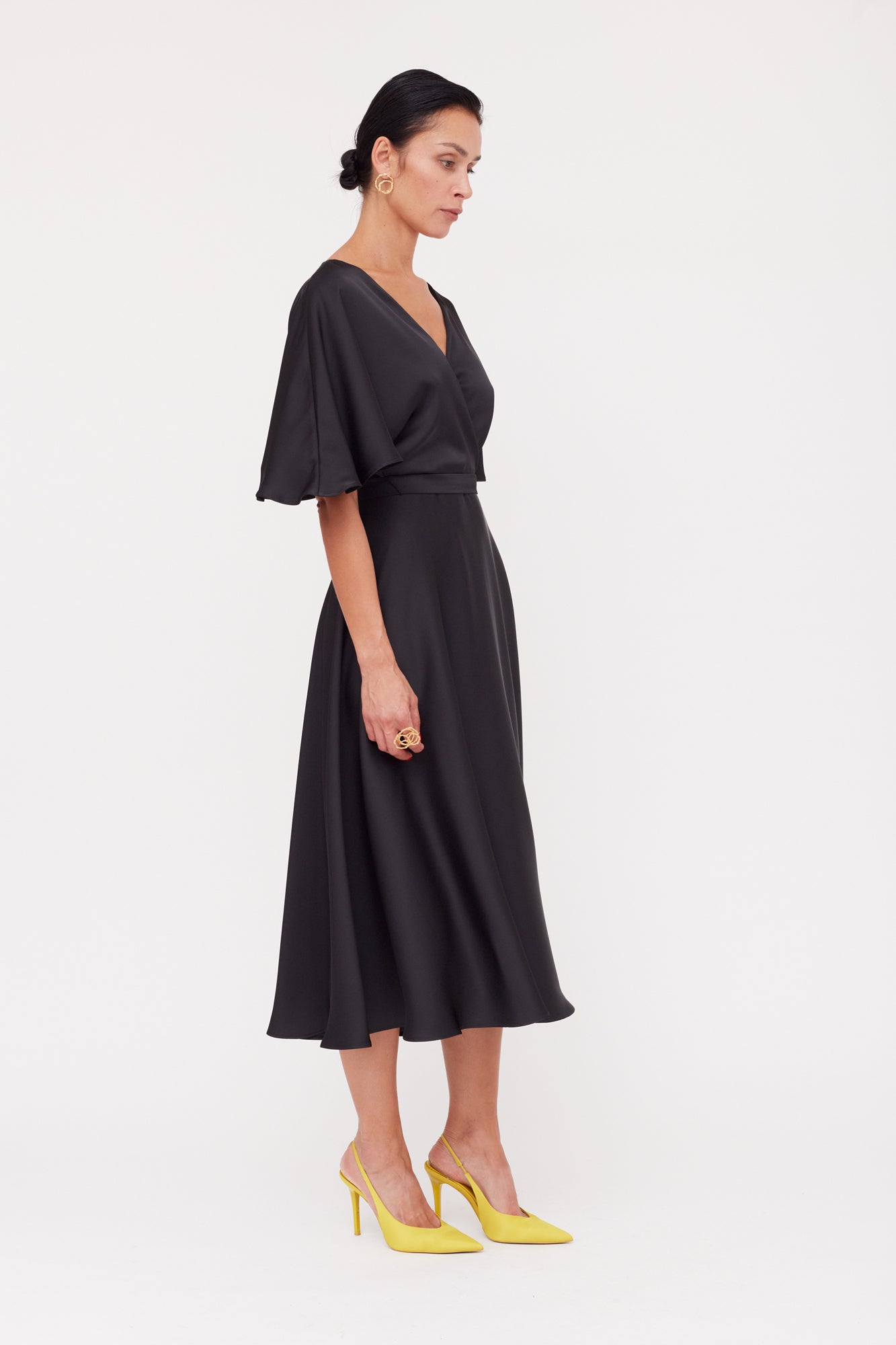 SONYA Black Satin Midi Cocktail Dress With Circle Skirt