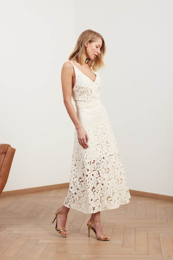 ULLA white lace midi dress with flattering skirt