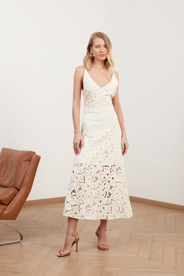 ULLA white lace midi dress with flattering skirt