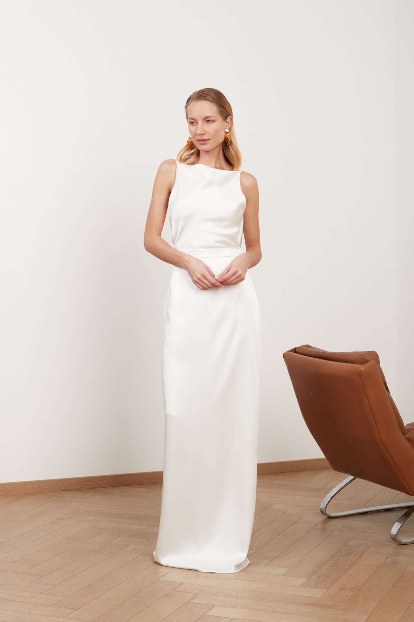 MANOA white satin long straight wedding dress