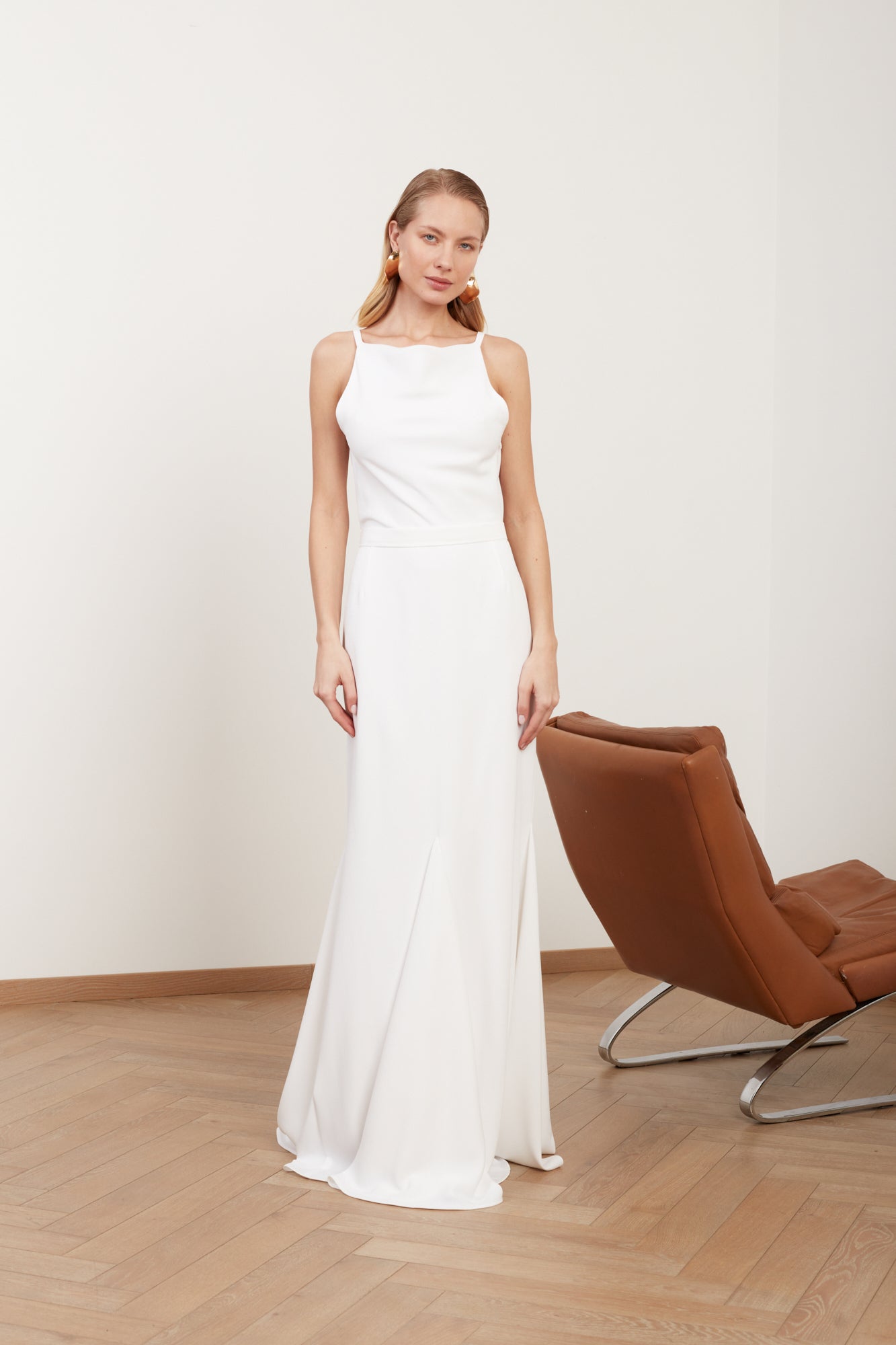 LINEA white long wedding dress with cowl back