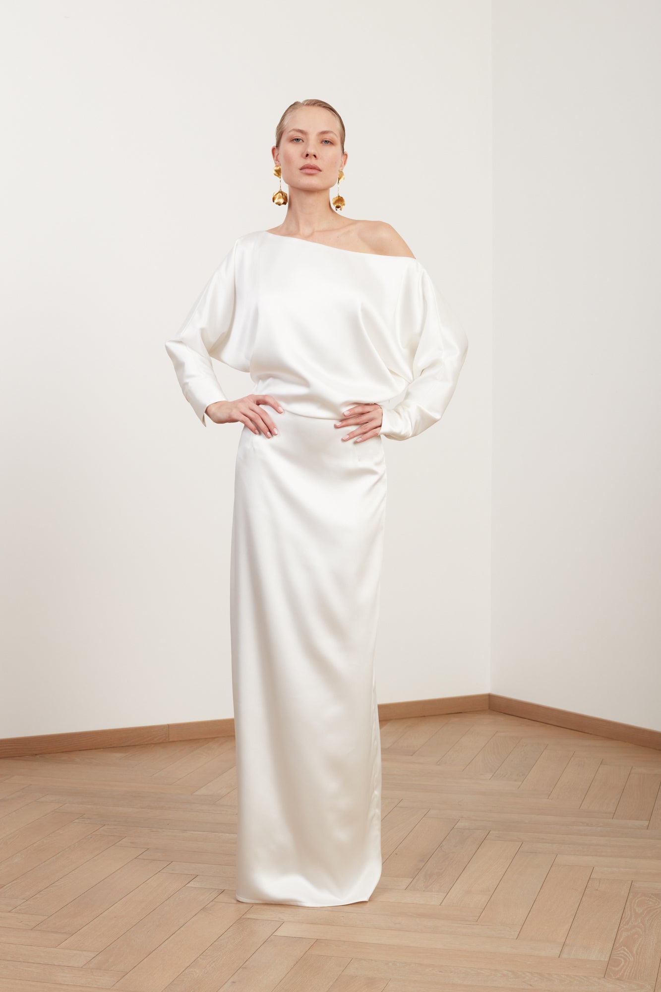 AGALIA soft satin off-the-shoulder maxi wedding dress with open shoulder