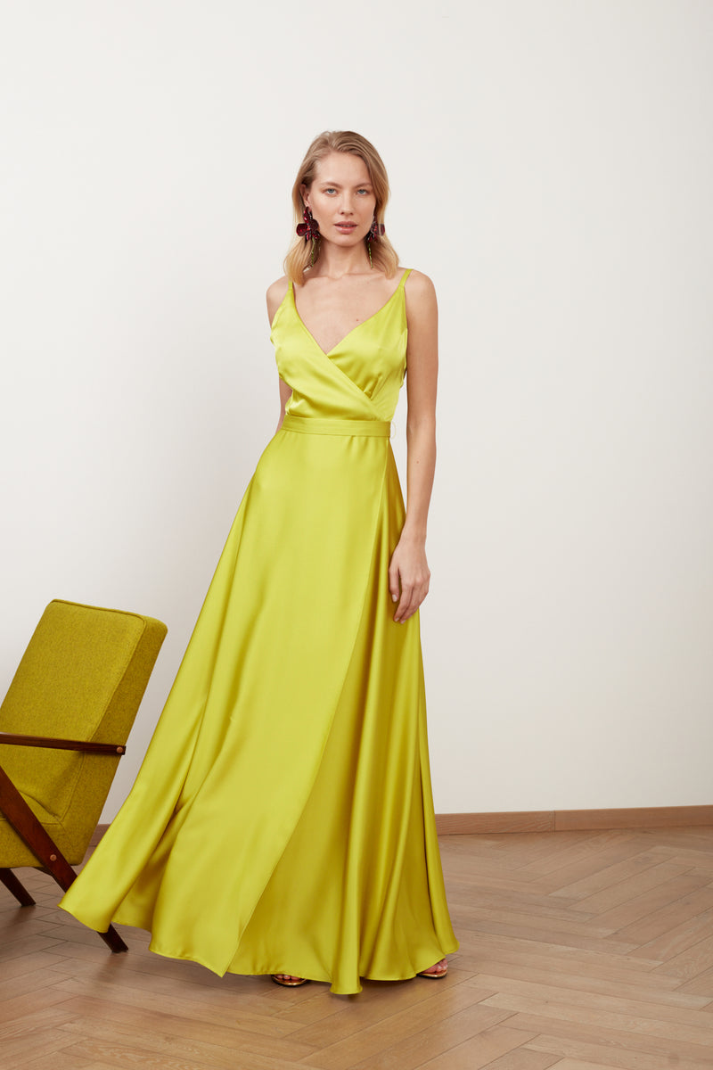 FREYA lime green satin long evening gown