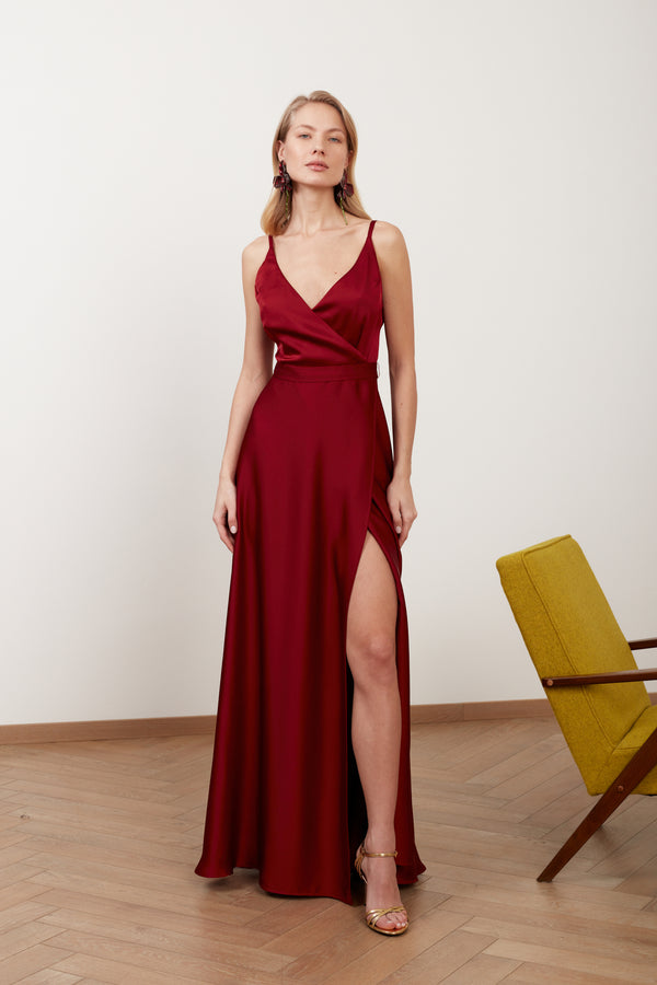 FREYA burgundy red satin maxi wedding guest dress
